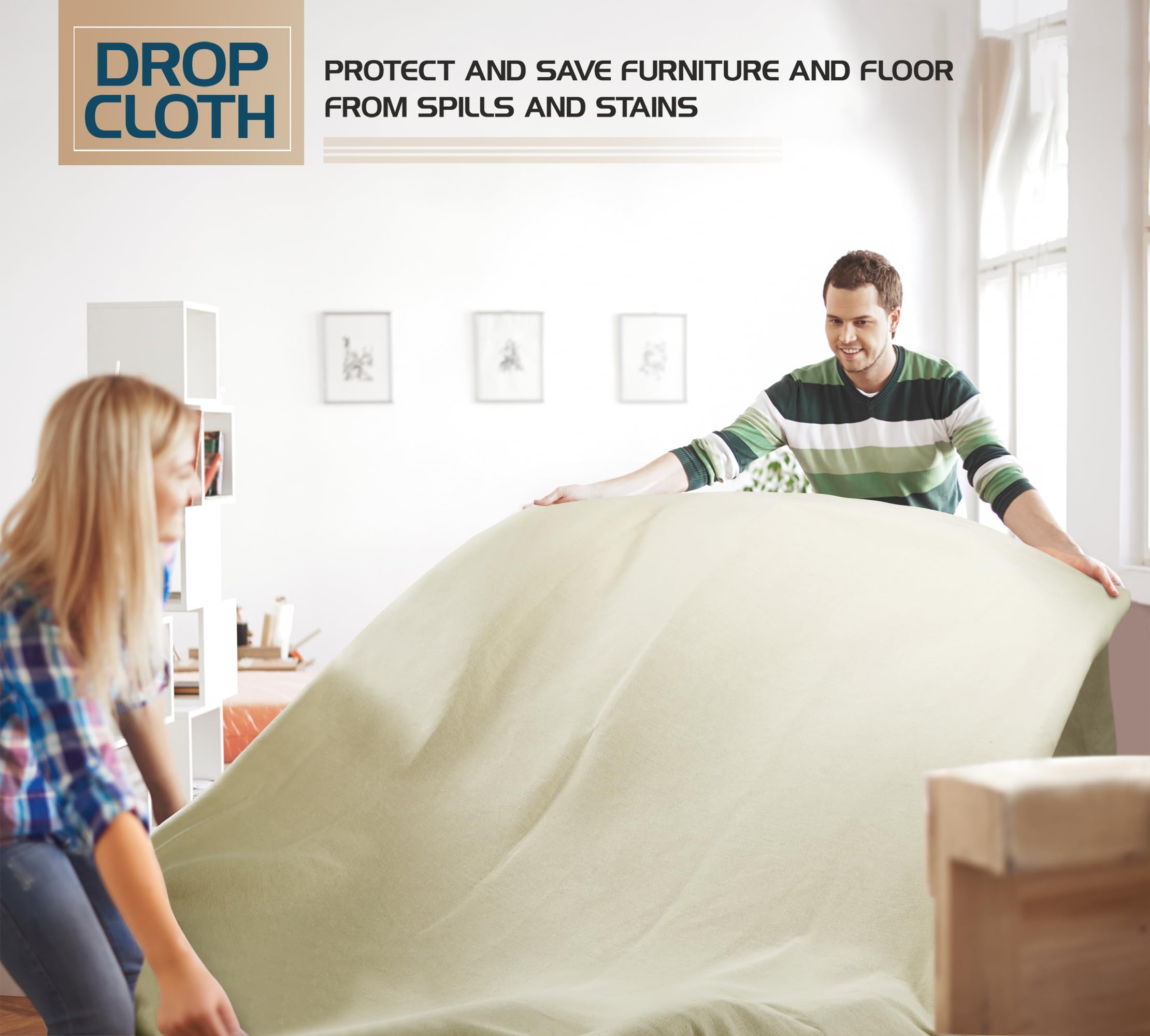 Utopia Drop Cloth for Painting (9x12 ft, 2 Pack) Washable and Reusable Canvas Fabric for Furniture & Floor Protection Highly Absorbent Paint Cover - Duck Dropcloth for Outdoor and Indoor Use