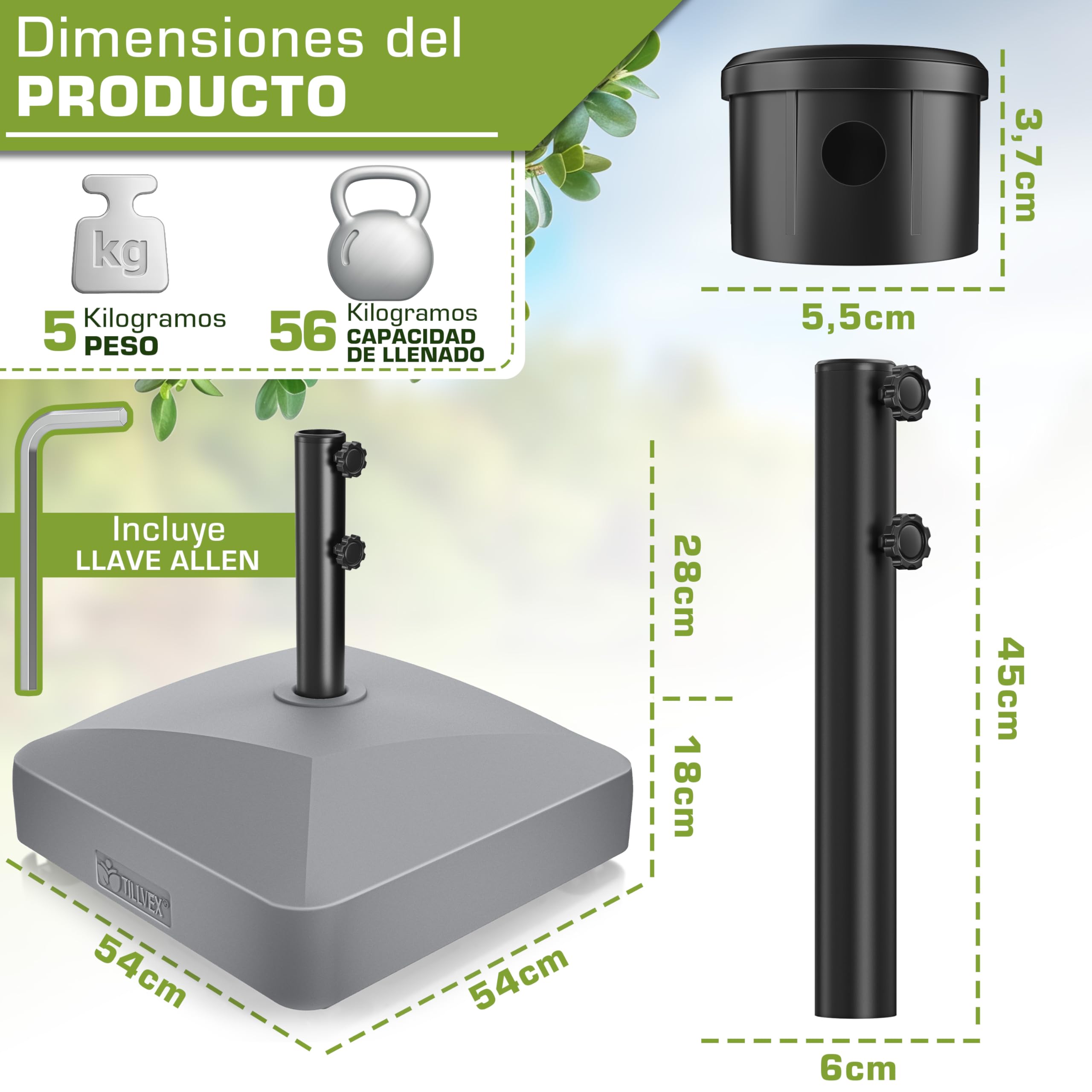 tillvex® Base de sombrilla GRAVIA con Ruedas y Frenos | Soporte de lastre rellenable 37L / 56kg | Pie para Parasol y sombrilla de Mercado Ø 1,8-3,7m | Resistente a la Intemperie y UV (Gris) — view 2
