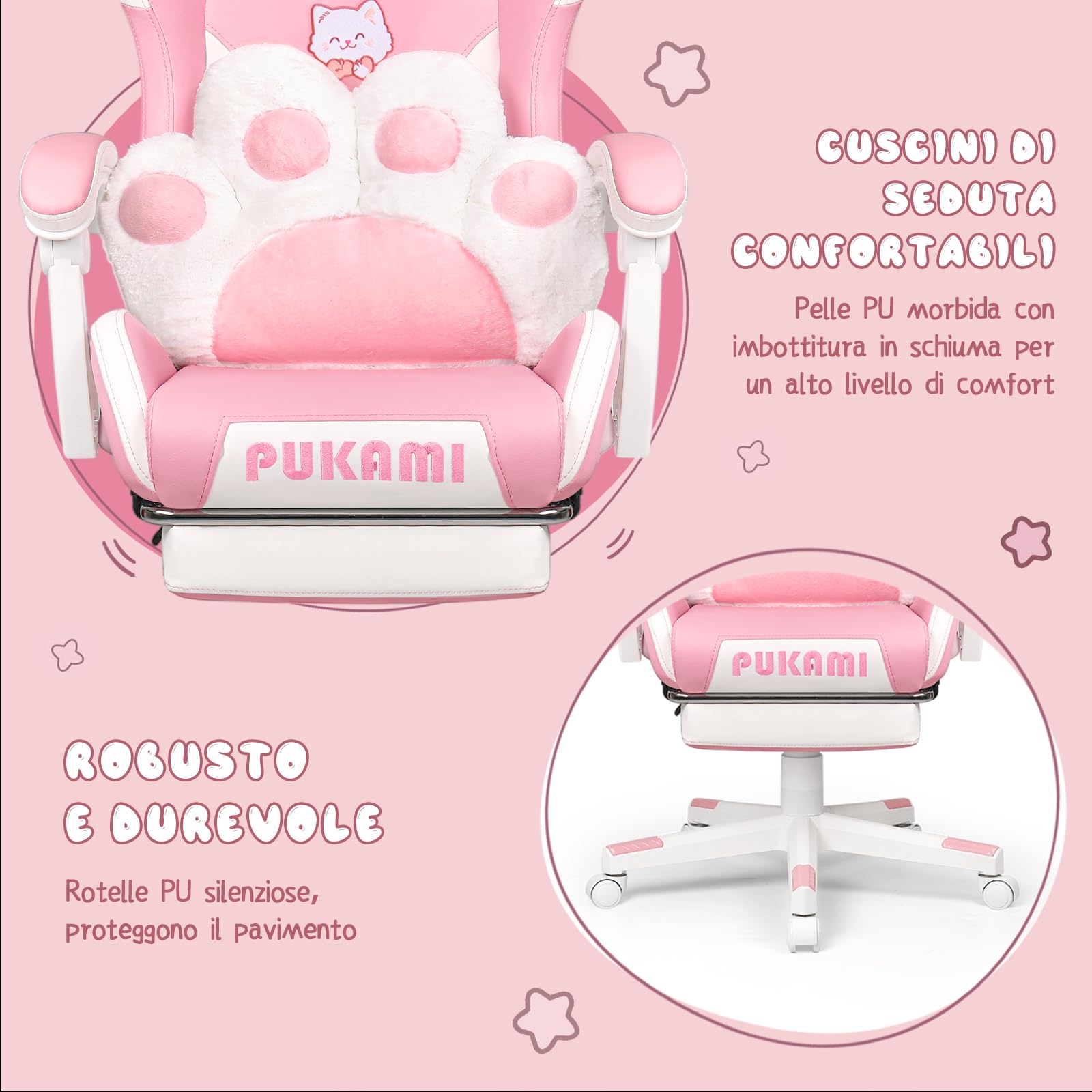 Waleaf Sedia Gaming Rosa, Sedia da Gaming Ergonomica con Regolabile Poggiapiedi, Poggiatesta, Supporto Lombare, Poltrona per Computer con Orecchie da Gatto, Altezza Regolabile