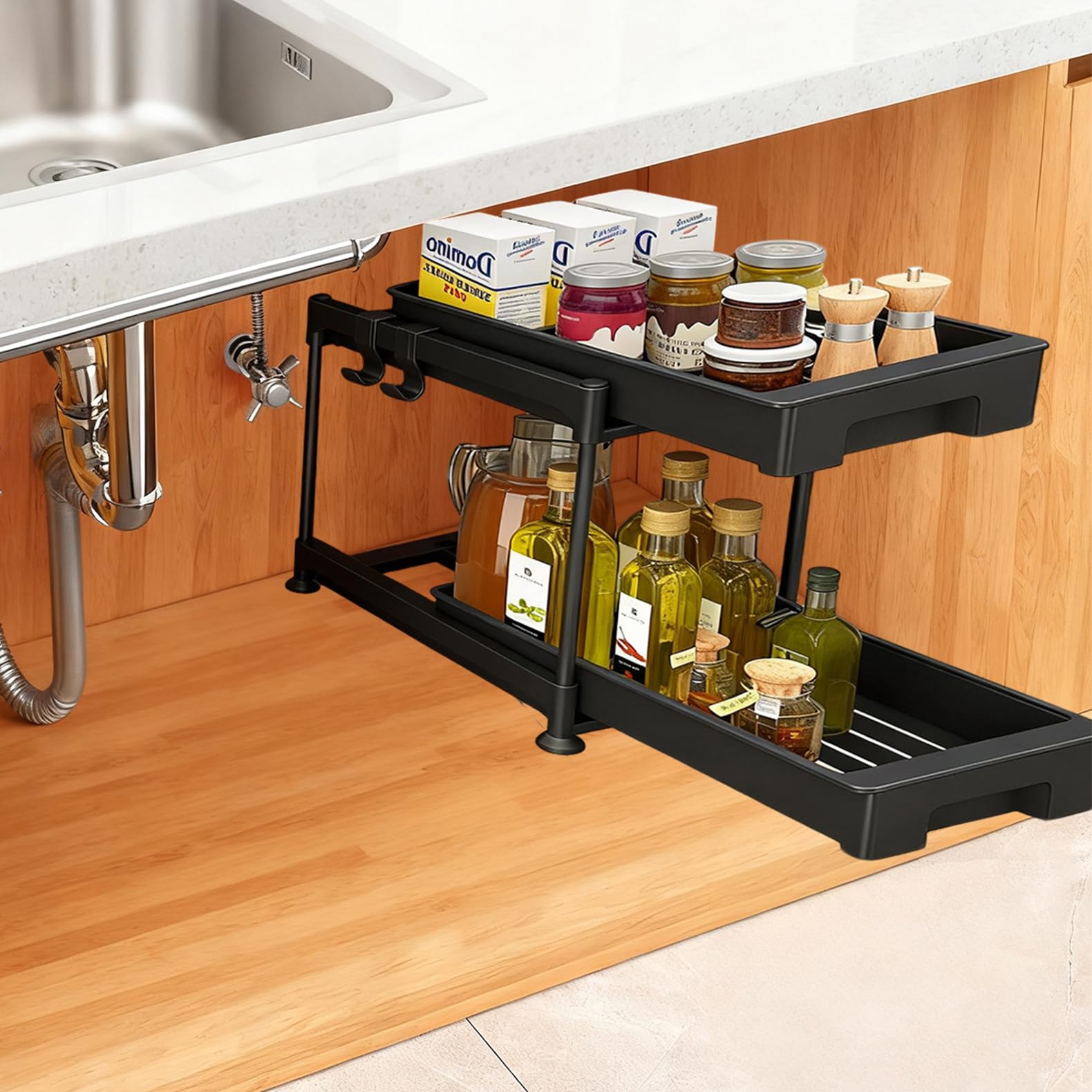 Tinyuet Estantería Bajo Fregadero, Organizador de 2 Niveles Extraíble para Bajo Fregadero - Cocina, Baño y Hogar - Negro - 1 Unidad