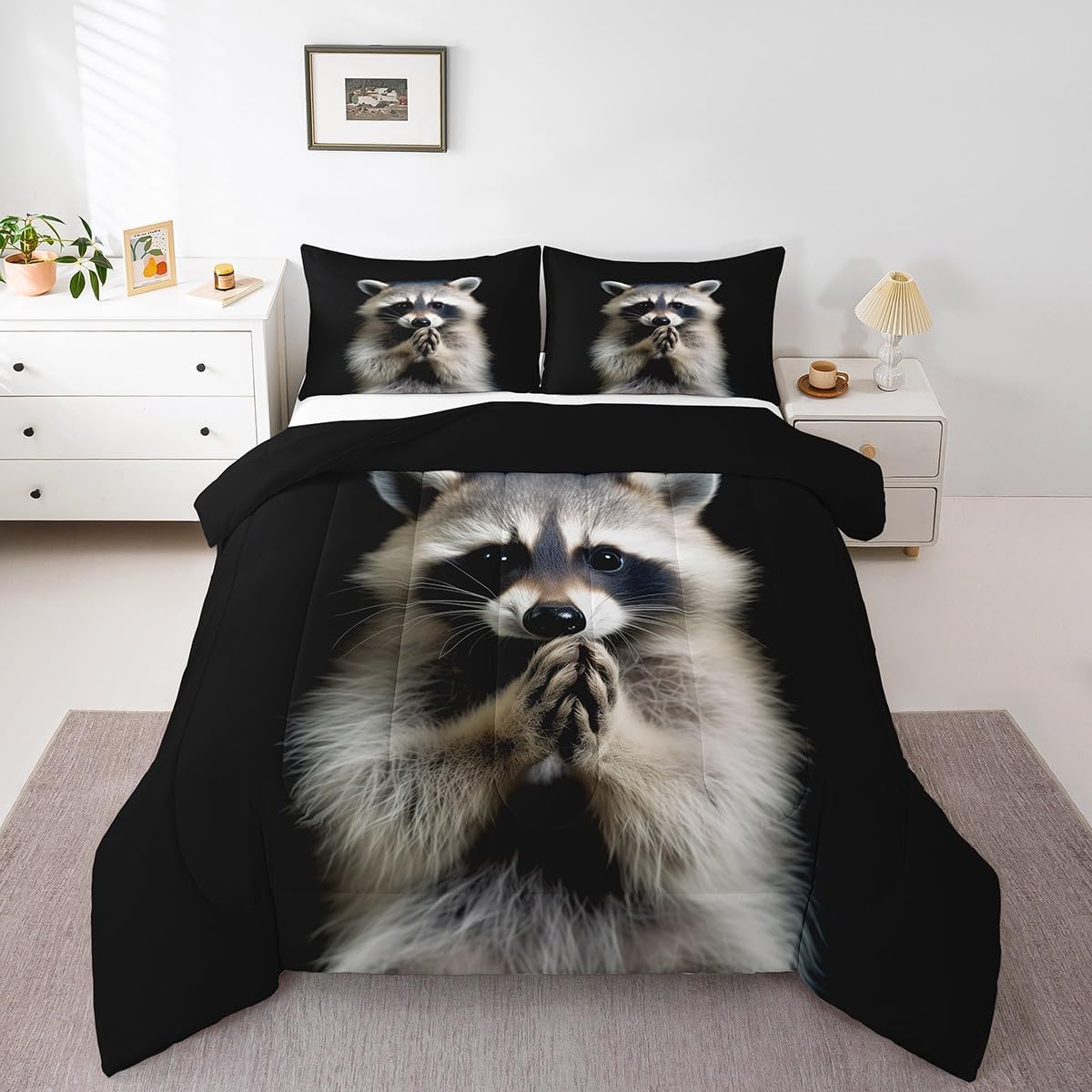 Feelyou Raccoon Comforter Set Full Size Cute Comforter for Boys Girls Teens Kawaii Bedding Set Animal Duvet Set Room Decor Black Quilt Set