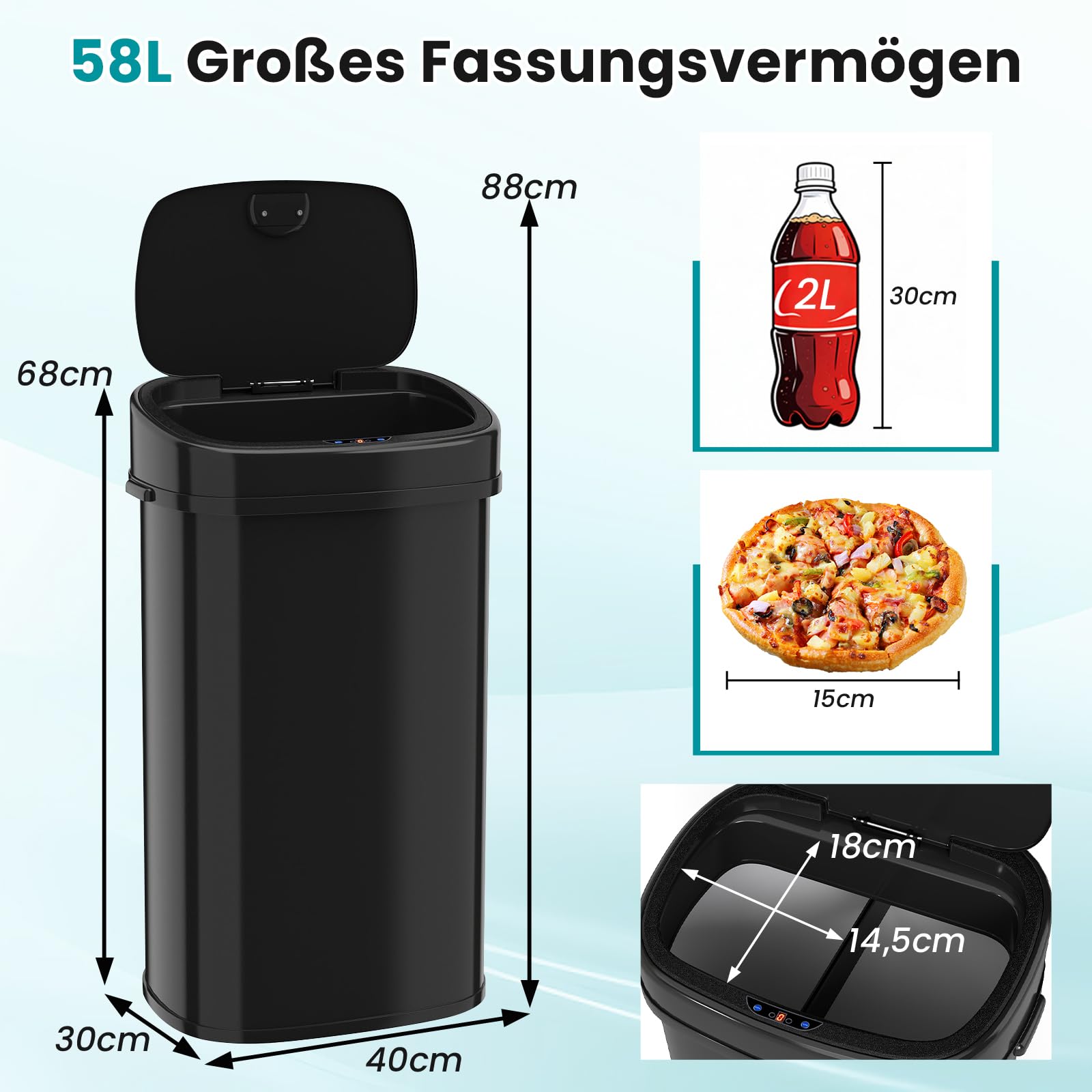 COSTWAY Mülleimer mit Sensor, 58L Abfalleimer Küche, 2 Fächer Mülltrennsystem für Recycling und Restmüll, automatischer Küchenabfalleimer mit Softclose-Deckel, schwarz