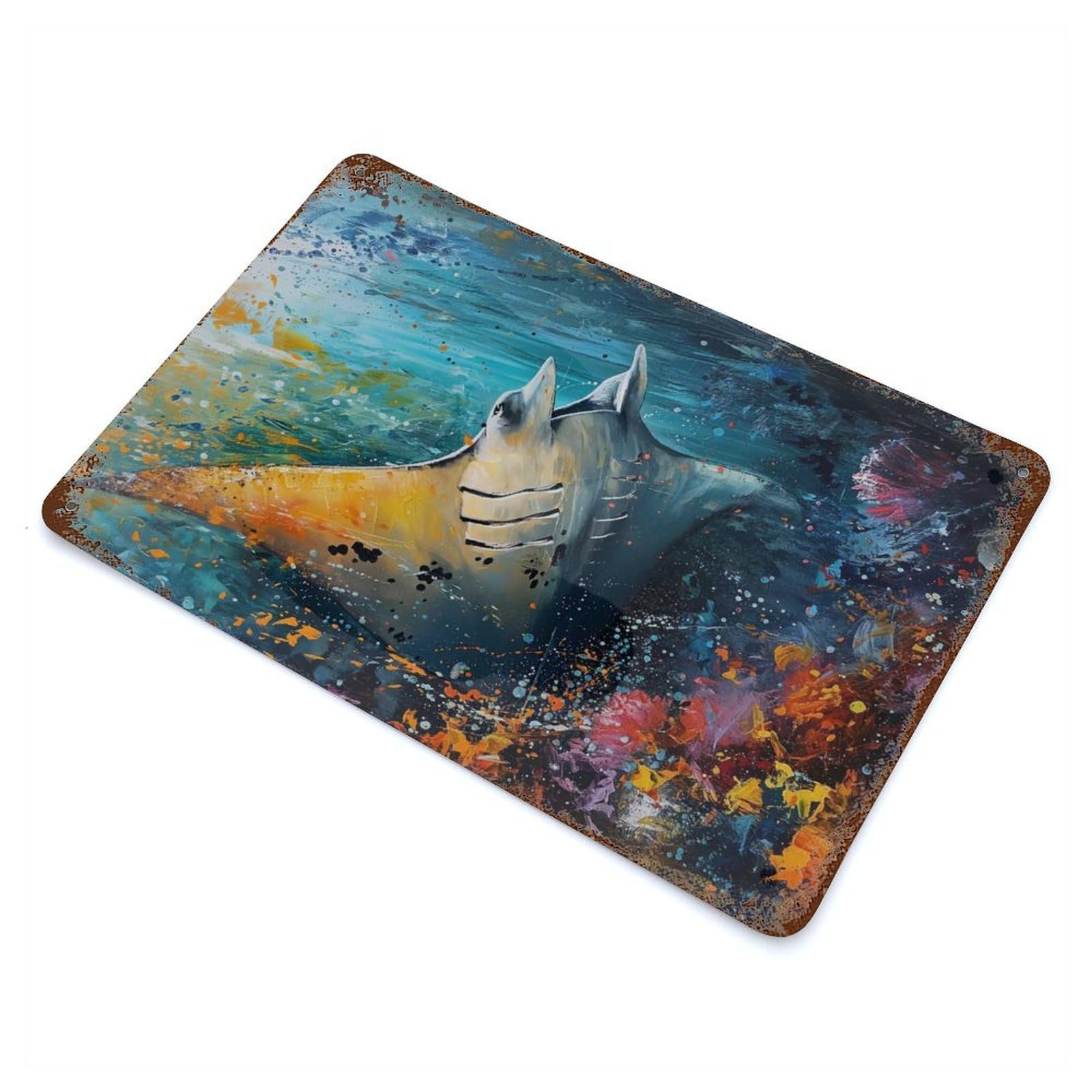 The Majestic Manta Ray Rust Effect Tin Sign 11.8"x7.9", Decorative Metal Wall Art for Patio, Garden Room And Bar Decor