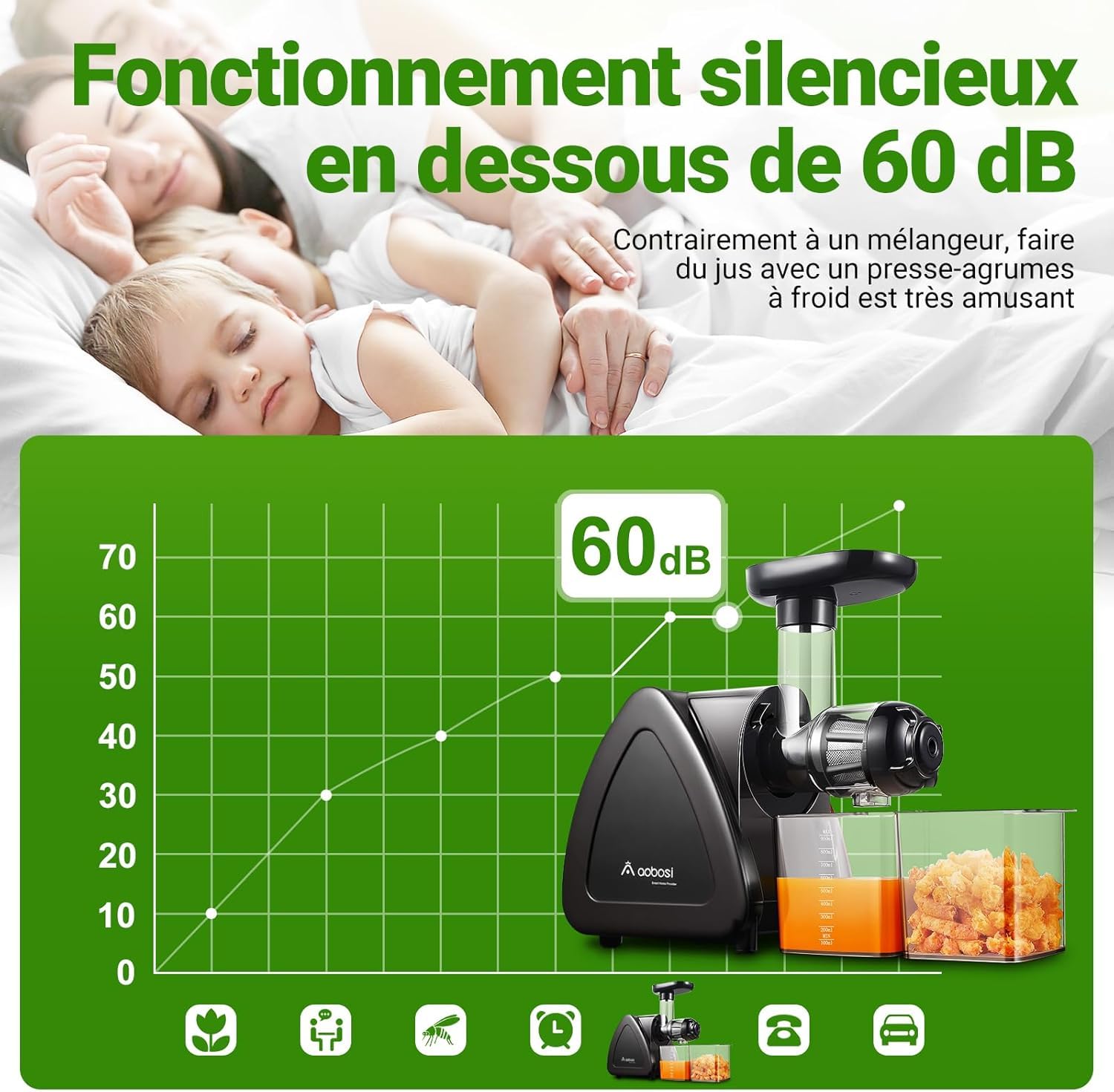 Aobosi Extracteur de Jus Sans BPA, Moteur Silencieux, Fonction Reverse, Rendement Élevé, Gris