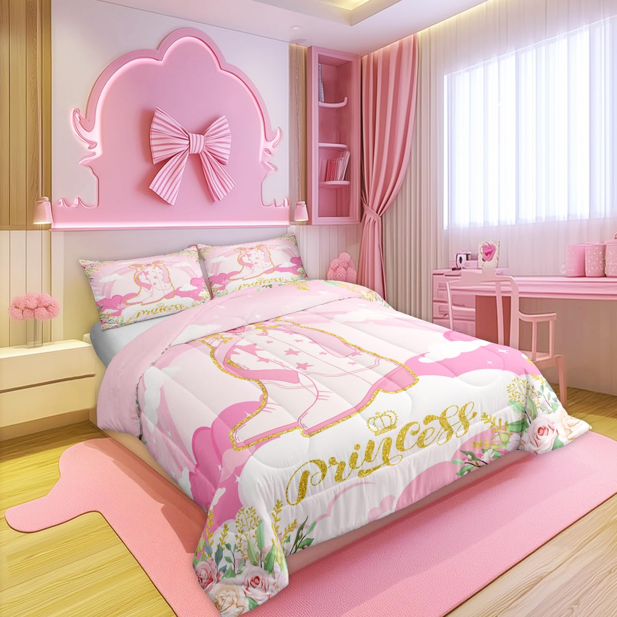 Manfei Cowgirl Boots Kids Full Comforter Sets,Western Pink Girly Reversible Bedding Set for Girls Children,Kawaii Girl Boots Bowknot 3 Pieces Quilt Sets,South West Pink Duvet Insert,2 Pillow Cases