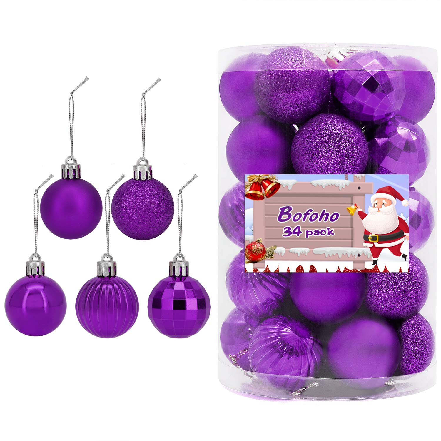 Bofoho 34 PC Colourful Christmas Ball Ornaments for Xmas Tree, Beautiful Hanging Balls for Holiday, Wedding Party Decoration are Available and Hooks Included (Purple)
