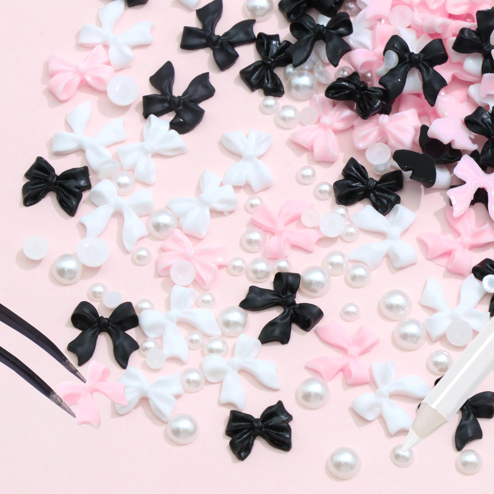 300Pcs Bow Nail Charms and Flatback Pearls,Black White Pink Bowknot 3D Cute Nail Charms for Acrylic Nail Supplies Design,White Half Pearls for Nail Jewelry DIY Crafts Nail Art Decoration Accessories