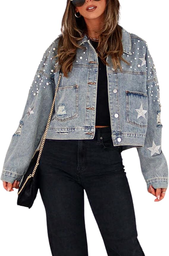 Esmeling Womens Cropped Pearls Beading Jean Jacket Ripped Star Embroidered Denim Jacket Coat