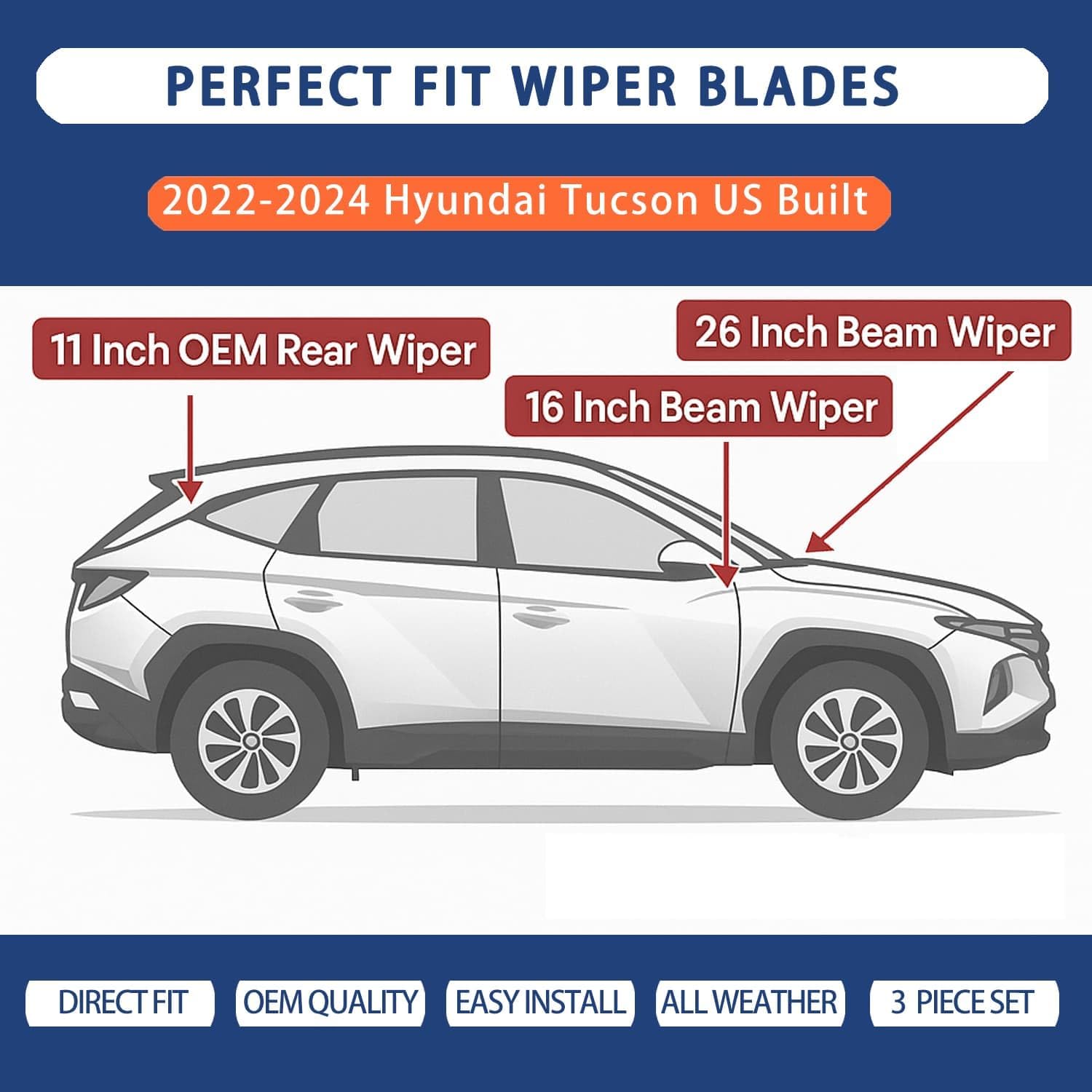 Windshield Wiper Blades for 2022 2023 2024 Hyundai Tucson (US Built 26'' 16'' 11'') - Complete Set Front & Rear Premium All-Season Wipers