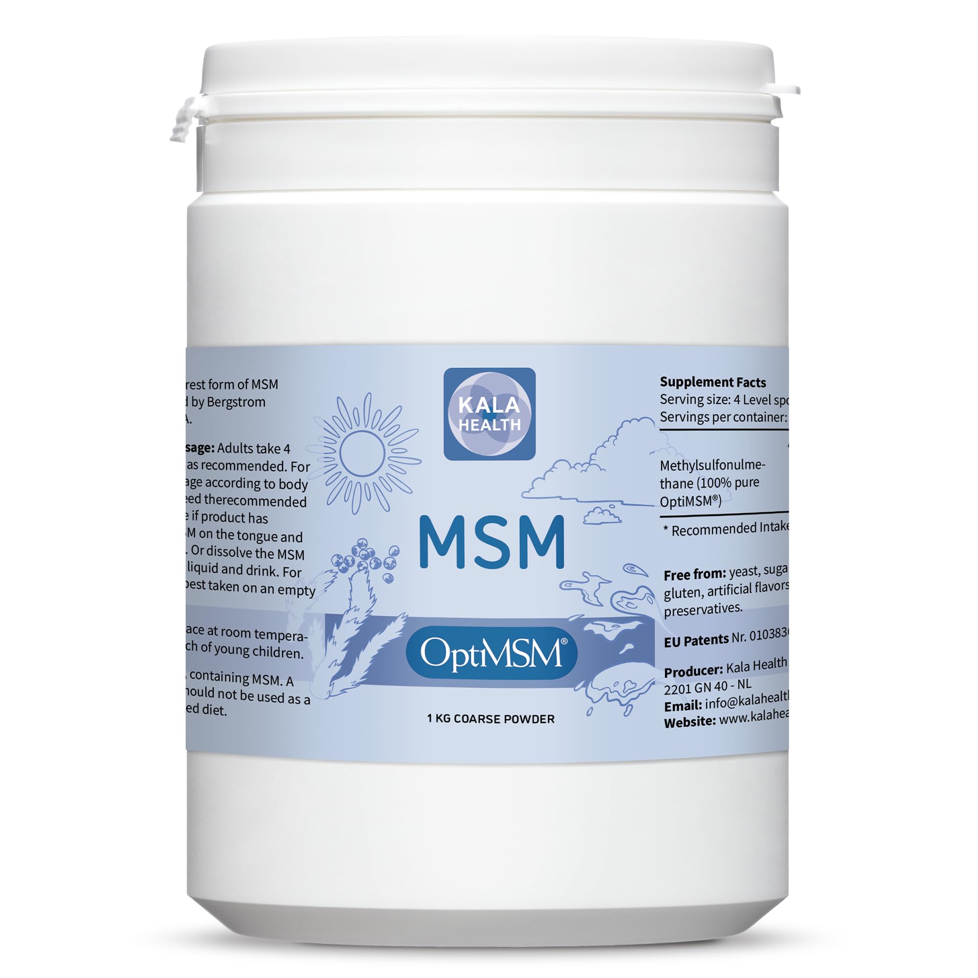 Kala Health - OptiMSM® Multi-stage distillation (Methylsulfonylmethane) MSM Powder Coarse Flakes (Crystals) 1000g, pure natural Sulphur for Joints, Skin, Hair & Nails - Laboratory-tested - NO ADDITIVES - 100% Vegan - USA made - 1 Ingredient
