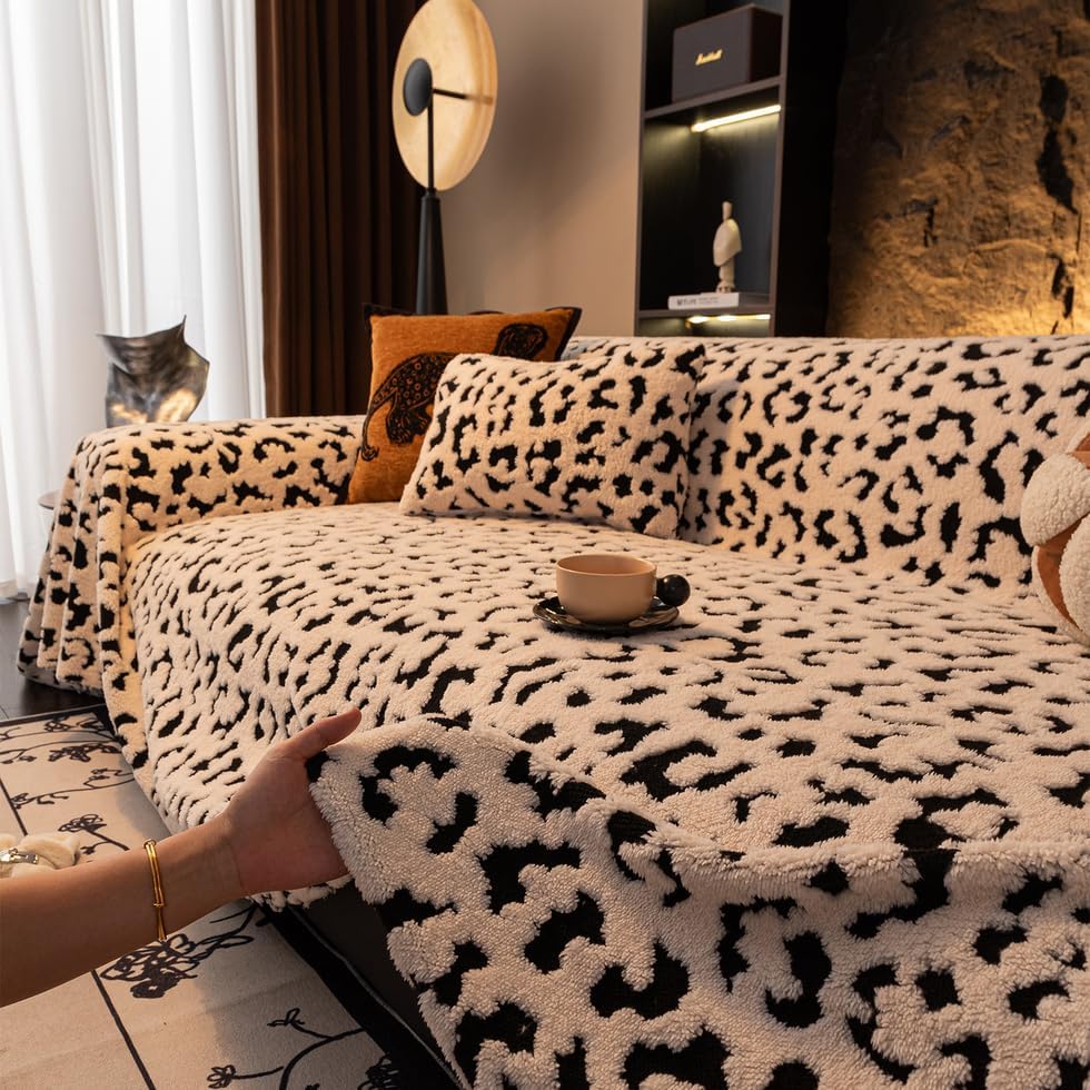ROOMLIFE Leopard Print Faux Fur Sofa Cover for 3-Cushion Couch, Washable Furniture Protector, Fluffy Slipcover for Dogs Pets, Ultra Soft Universal Couch Cover, Couch Throw Blankets 71"x150"