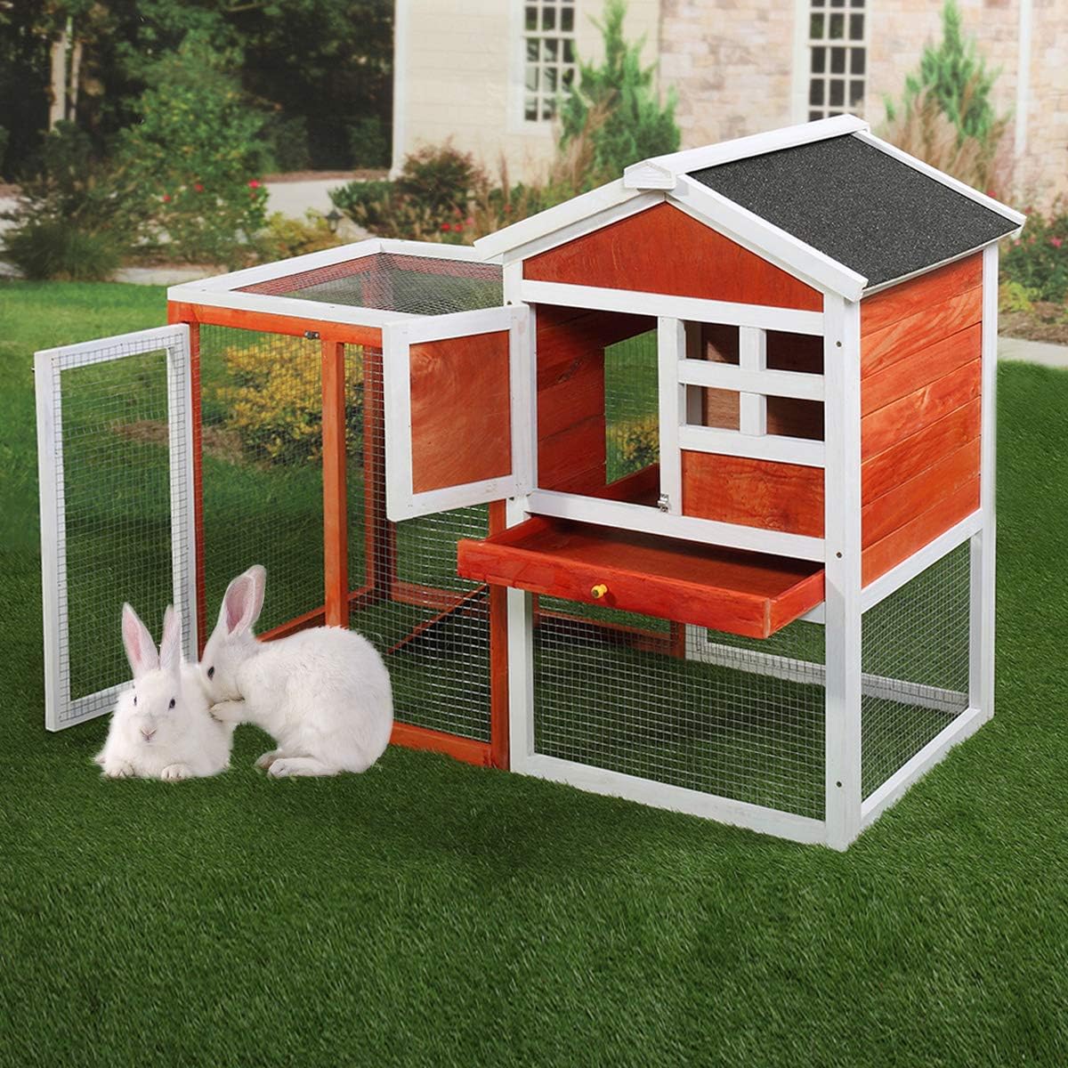 Sandinrayli 48” Medium Wooden Chicken Coop Rabbit Hutch/Hen House Cage Outdoor Run Waterproof
