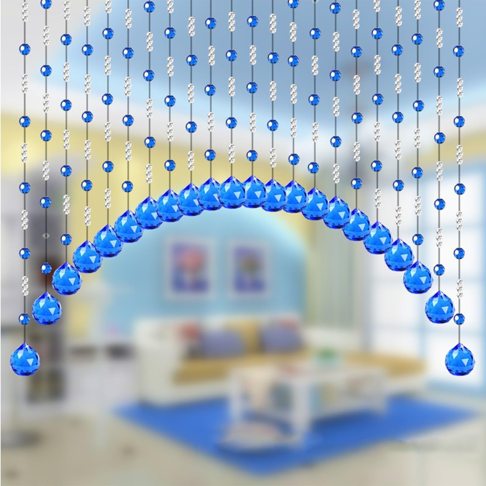 Rideau de porte à perles bleu 45cm avec pendentif en cristal pour séparation de pièce