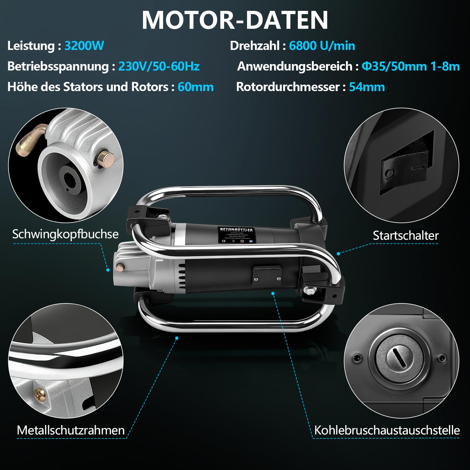 3200 W Betonrüttler mit 35mm 4m Kabel Betonverdichter, 6800U/min | Flaschenrüttler Beton Rüttler Innenrüttler mit Einer Isolationsschicht für Fundamente, Säulen und Bodenplatten
