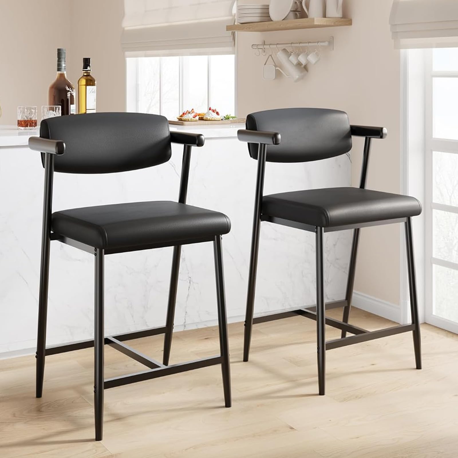 Photo 1 of ***USED -MISSING HARDWARE-SELLING AS IS *** GarveeHome Bar Stools Set of 2, 26.5 in Upholstered Counter Height Bar Stools for 2 with Armrest, Wider Thickened Cushion, Bar Chairs with Backrest for Bar, Dining Room, Kitchen, Retro Black