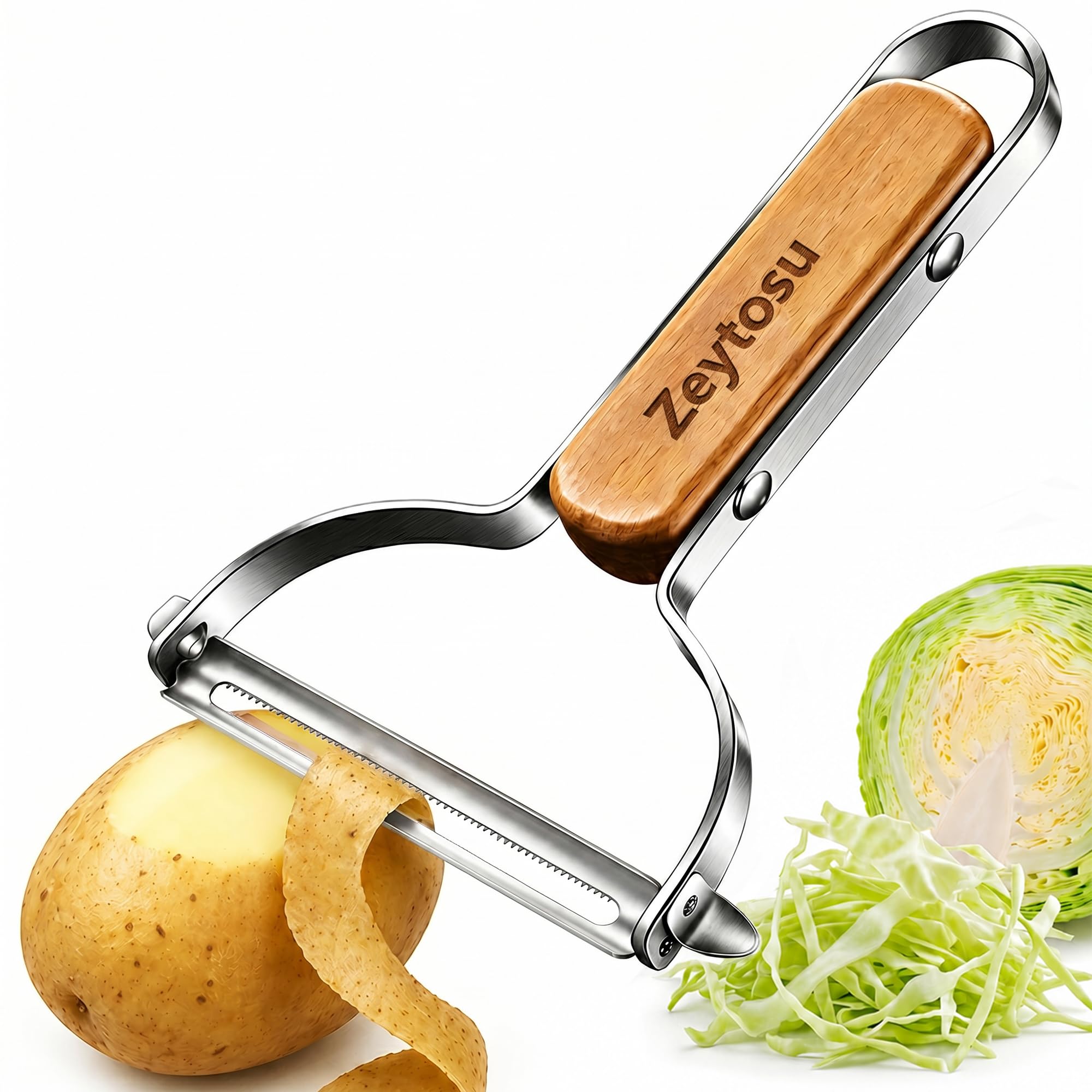 2-in-1 Vegetable Peeler and Cabbage Shredder, Wide Y Peeler for Peeling and Shredding, Stainless Steel Peeler with Comfortable Wooden Handle for Cabbage, Potatoes, Courgettes, Squash and Pumpkin