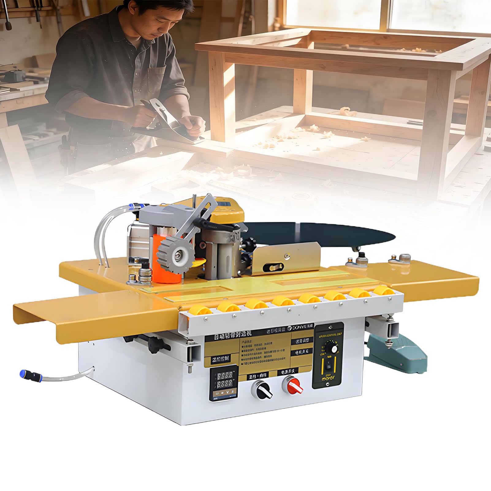 EpyGnom Portable Edge Banding Machine, Curve Straight Edge Bander with Microcomputer Intelligent Temperature Control, 1200W Automatic Tape Breaking 0-6m/min, Adjustable Speed A