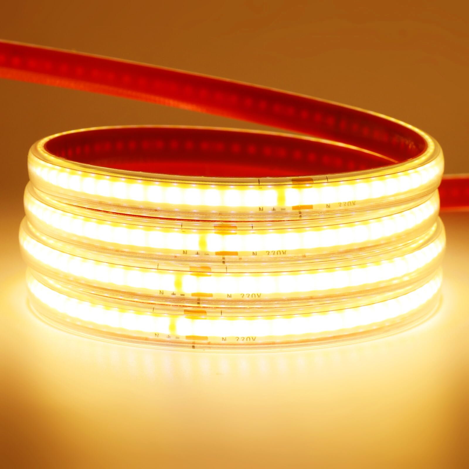 220V COB Bande LED Autocollant, Découpe Tous les 10cm, Etanche Bande Lumineuse Super Lumineux 288 LEDS/M Flexible Bande lumière (Blanc chaud, 25M)