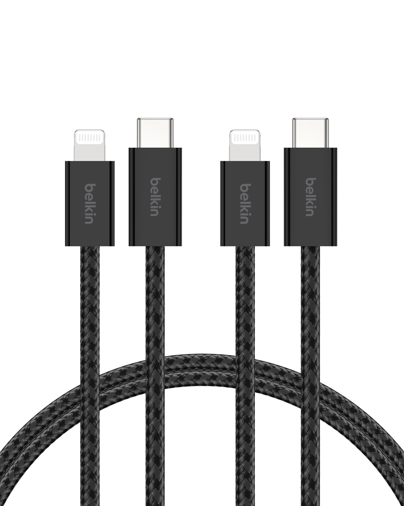 Belkin Confezione da 2 cavi intrecciati USB-C con connettore Lightning da 1,5 m, cavo flessibile per ricarica rapida, cavo Lightning per iPhone 14 e precedenti, iPad 9a gen. e AirPods, nero