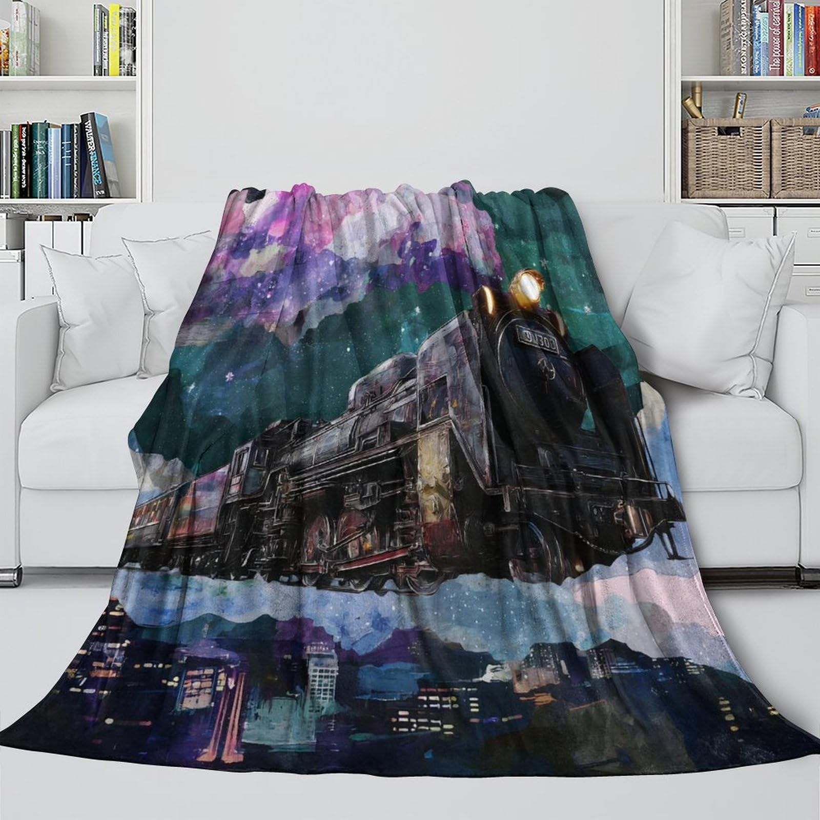 3D Gedruckte Sci-Fi Weltraum Galaxie Illustration Flanelldecke, Fliegende Dampflokomotive Weicher Plüsch Deko Decke Für Couch, 80x90inch(200x230cm)