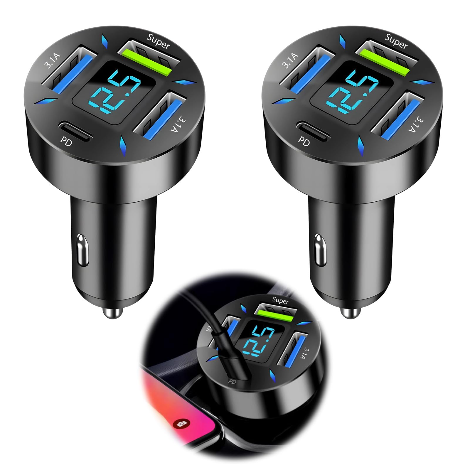2 PCS 66W Cargador Mechero USB Carga Rapida, Super y QC3.0 & PD 4 Puertos Cargador Movil Coche con Voltímetro Led Compatible con Múltiples Dispositivos y Todos Los Teléfonos Inteligentes