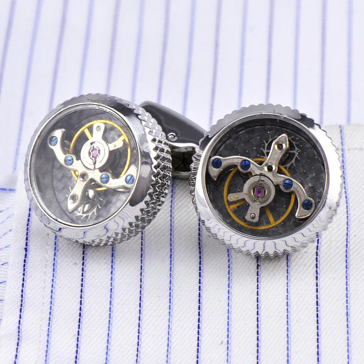 Gemelli a doppia linea con movimento tourbillon in argento, con borchie a tinta unita