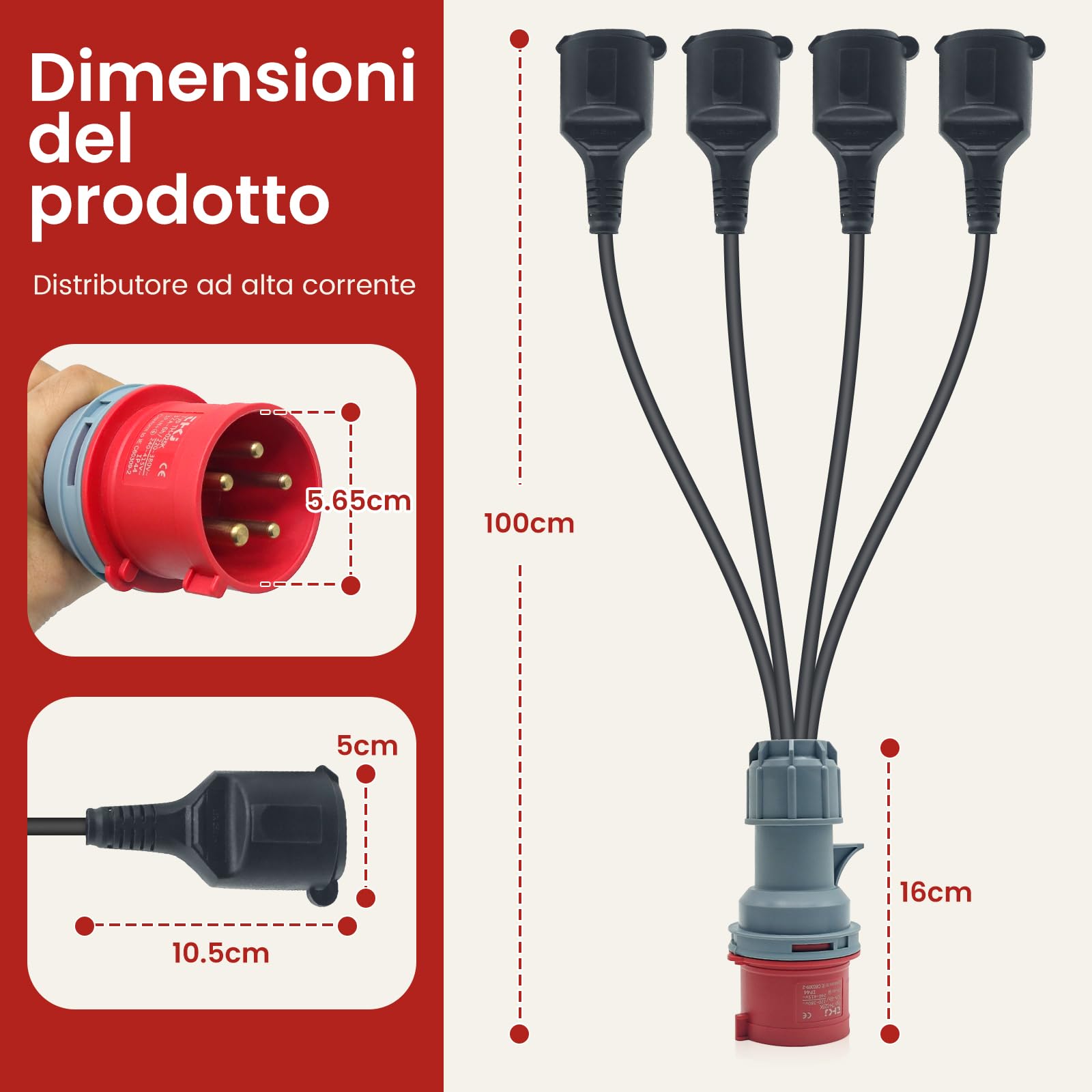 Adattatore di Alimentazione Industriale CEE 5P-32A/16A IP44 con 4 Uscite - Per Veicoli Elettrici, Camper, Cantieri e Uso Domestico - Materiali Antigurto e Resistente ai Raggi UV