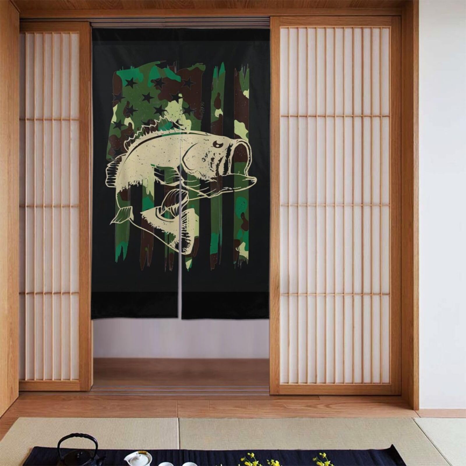 Lukiyys Camo Largemouth Bass Fishing American Flag Door Curtains,Doorways Curtains for Windows,Bedroom Divider 34"X 56"