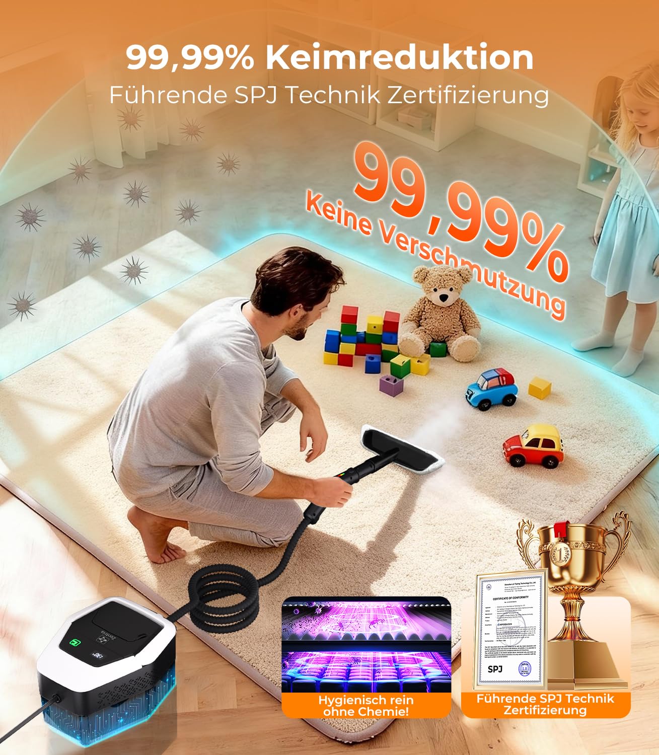 20-IN-1 Dampfreiniger Handgerät【100% Kühler & Akkufreier Griff–Neueste NH Labor-Technik】【99,99% Keimreduktion–SPJ Spitzentechnik】Dampfreiniger für Alles,Steam Cleaner für Fußboden, Sofa