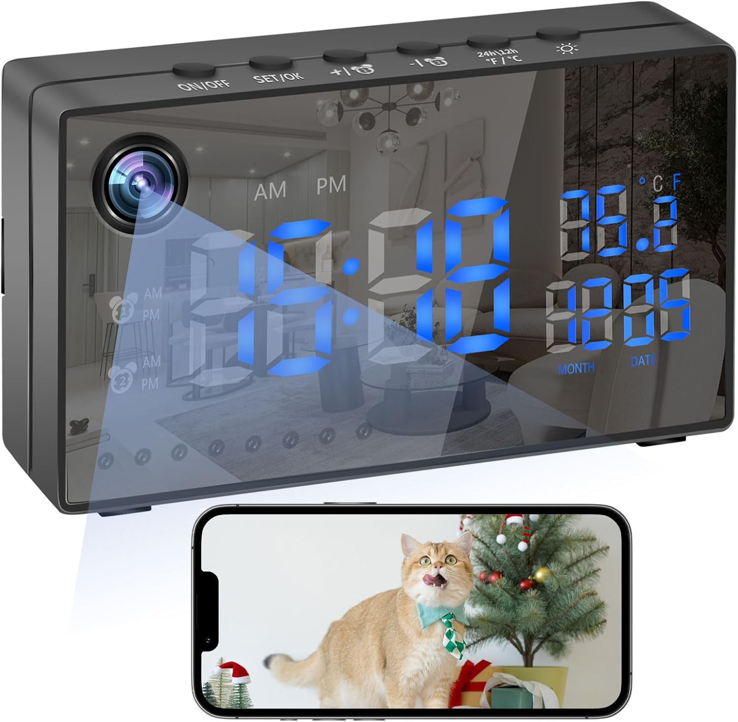 WiFi Security Camera Hidden Spy Camera Clock, 1080P Nanny Cam with Night Vision, Motion Detection, 12-24 Time Format, Alarm Setting