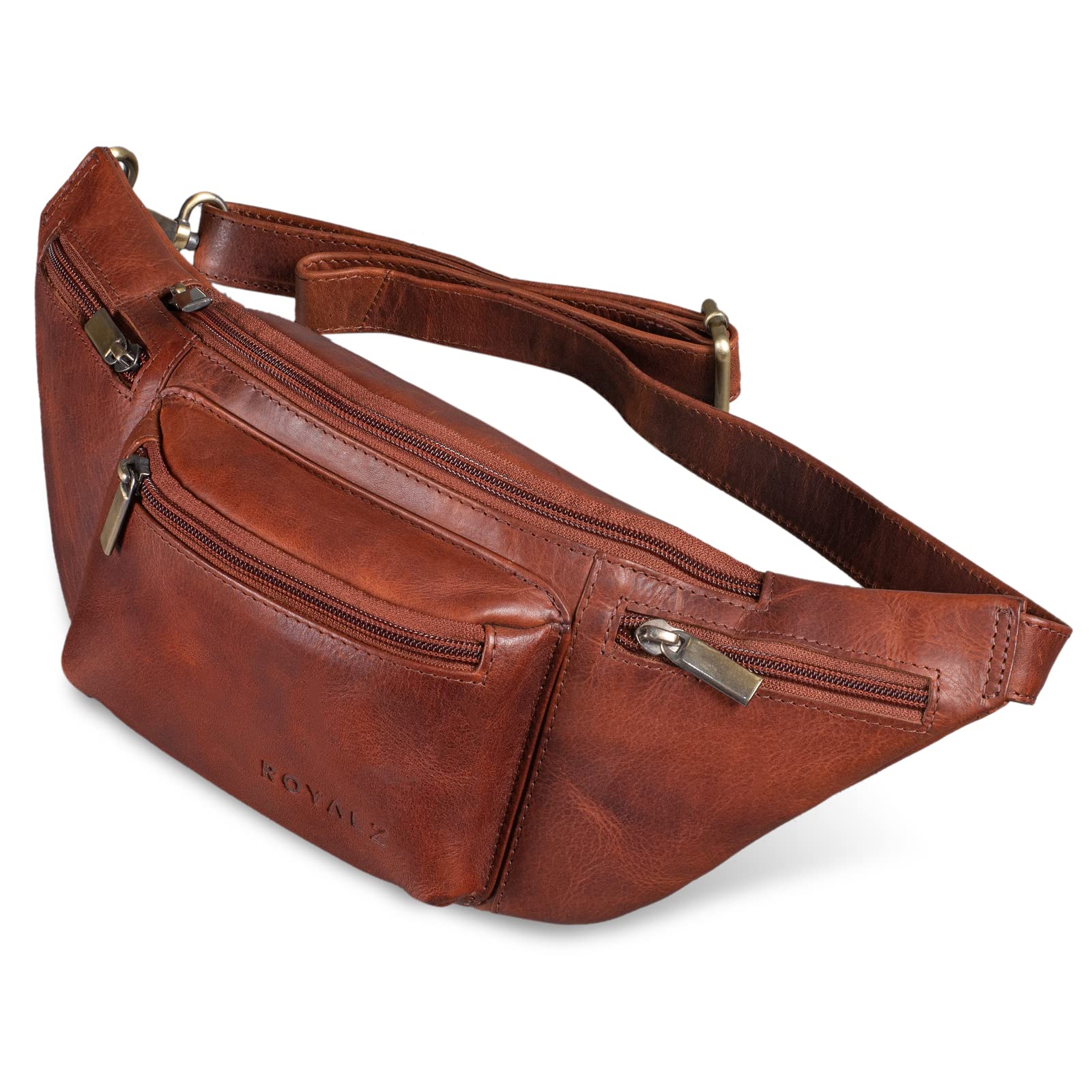 ROYALZ 'Laguna' Vintage Marsupio in Pelle Uomo Donna Borsa da Cintura a Vita in Cuoio Vero Borsello Moderno, Colore:Roma Cognac Marrone