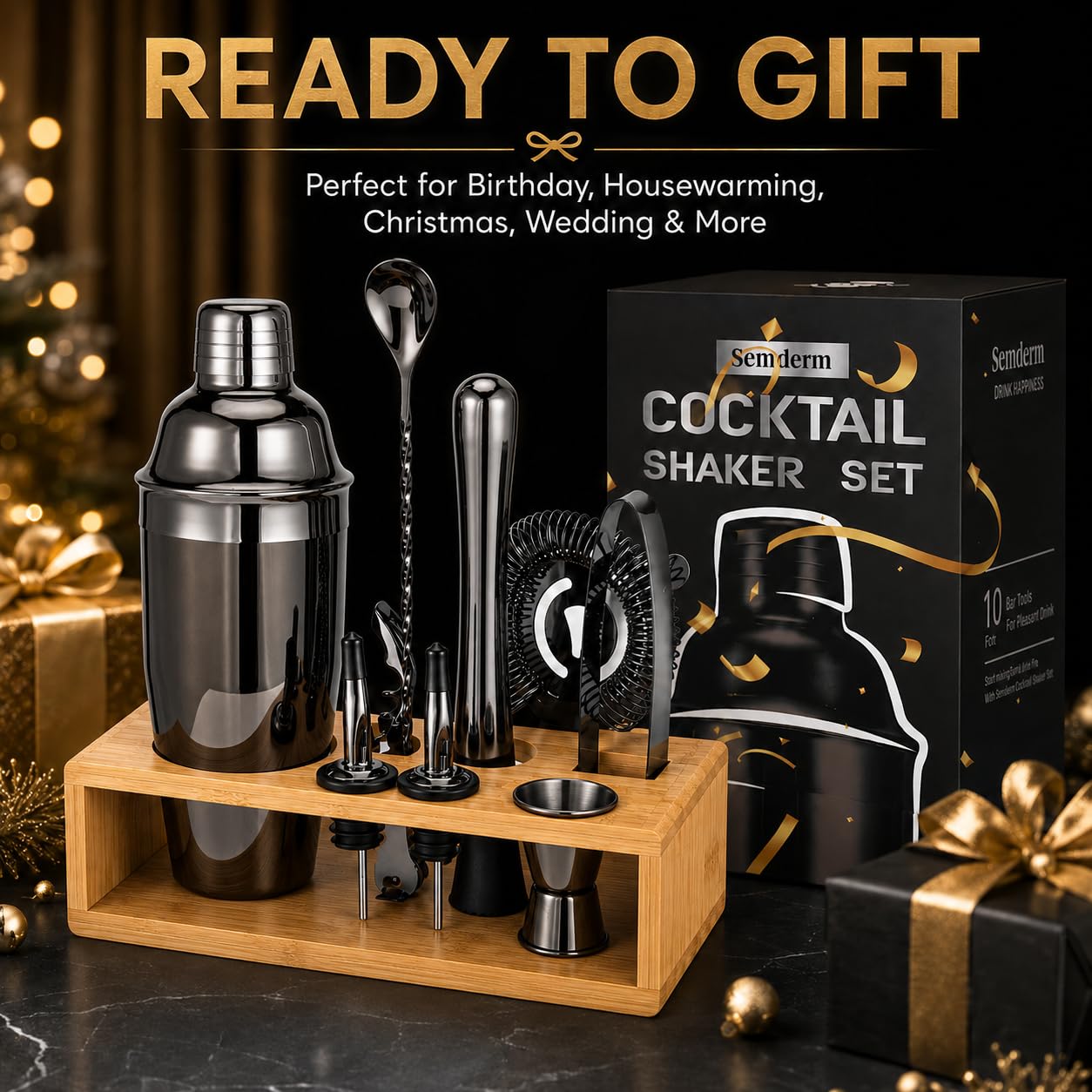 Black Cocktail Shaker Set, Premium 18/8 Stainless Steel Mixology Bartender Kit with Stylish Bamboo Stand 10-Piece Bar Tools & Accessories for Home Bar for Men, Dad, Husband view 8
