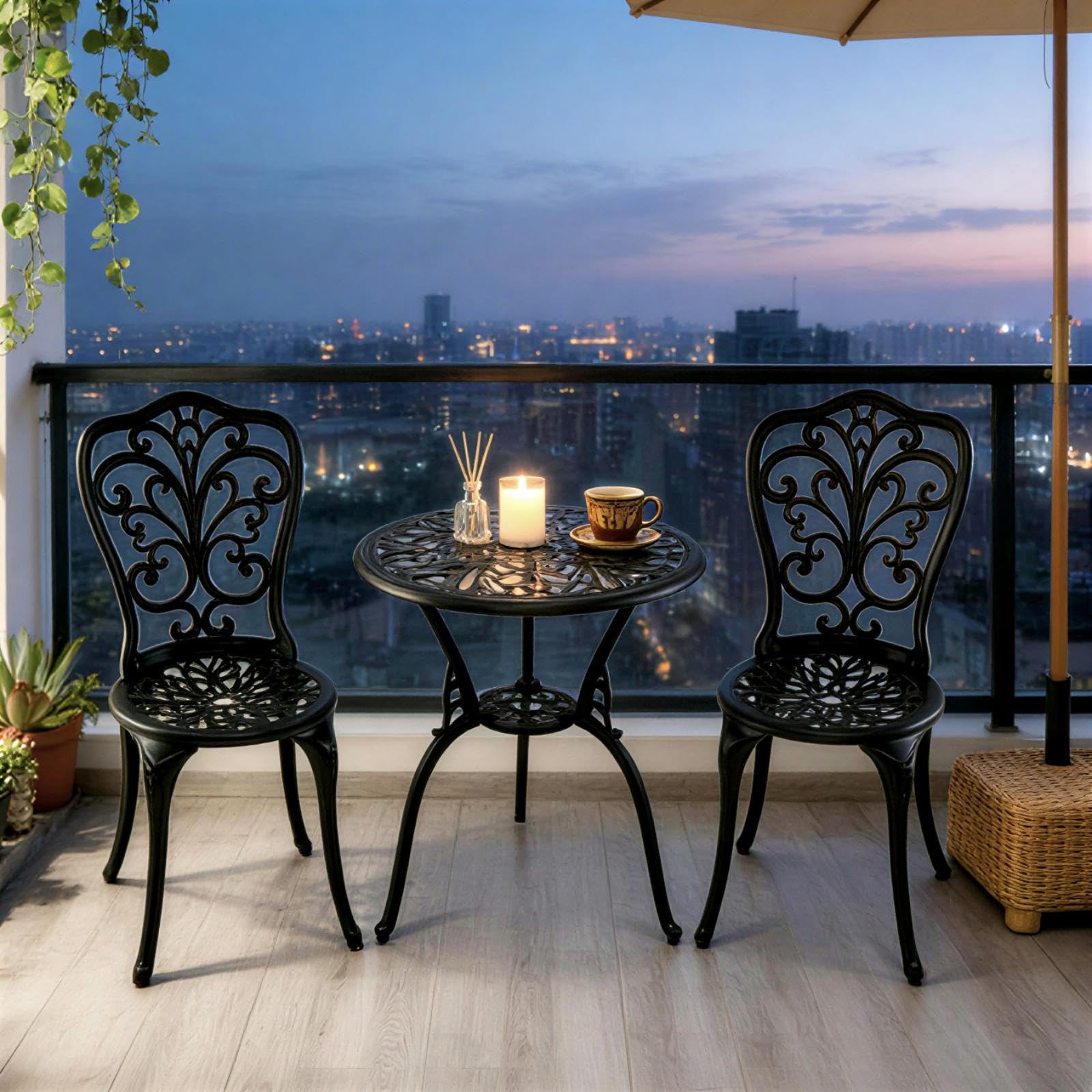 GIANTEX Set Tavolo da Bistrot in Fusione di Alluminio Set da 3 Pezzi Tavolino con 2 Sedie per Giardino Balcone Bordo Piscina, Colore Verde Bronzo/Bianco (Nero)