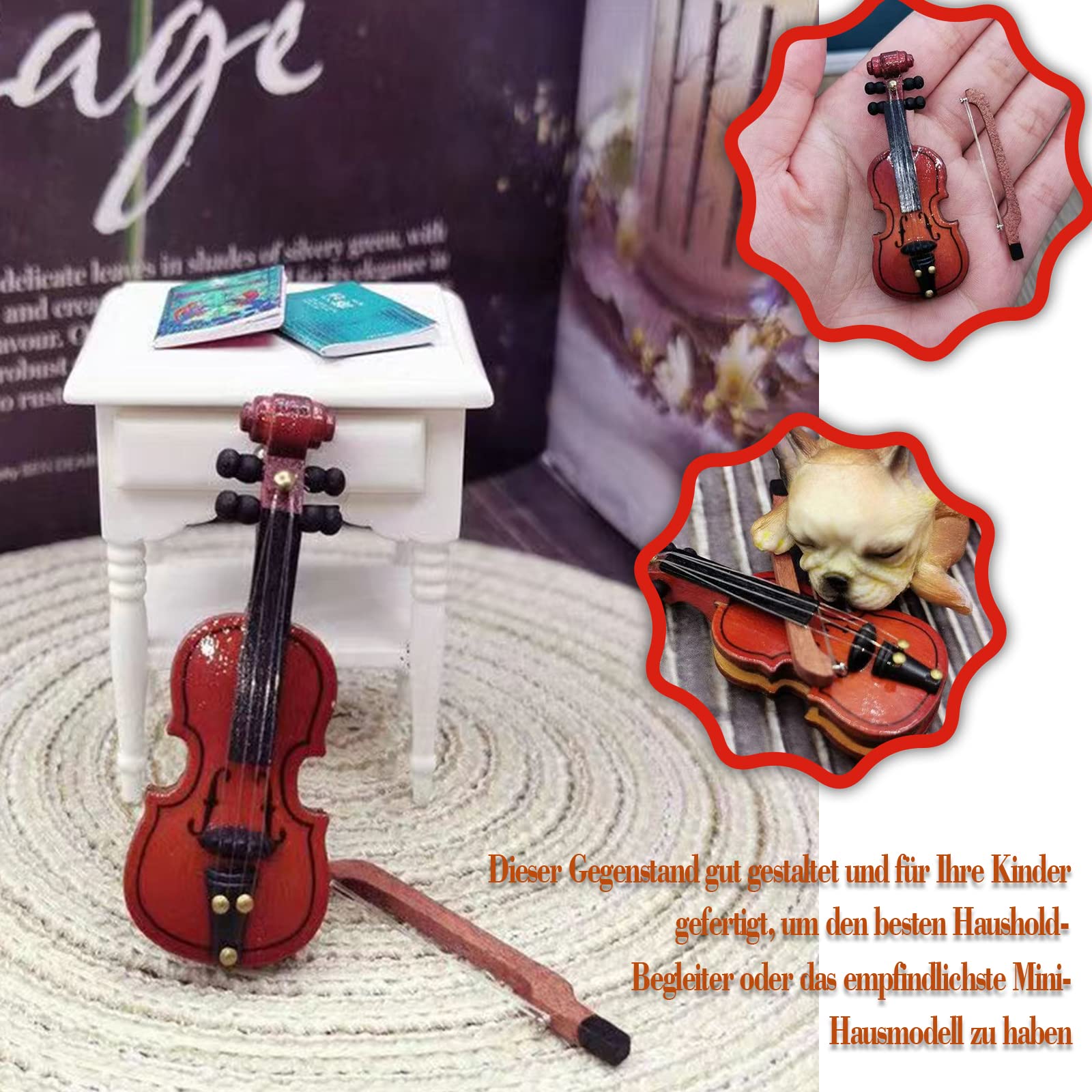 Set 3 Mini Strumenti Musicali 1:12 Per Casa Delle Bambole: Chitarra E Violoncello In Legno