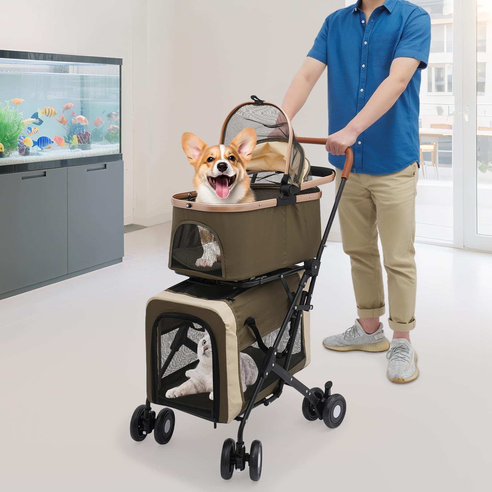 Wózek dla psów i kotów, składany wózek dla zwierząt domowych, 2 poziomy i nośność 35 kg, dla małych i średnich psów, kotów, 46 x 58 x 97 cm, czarny