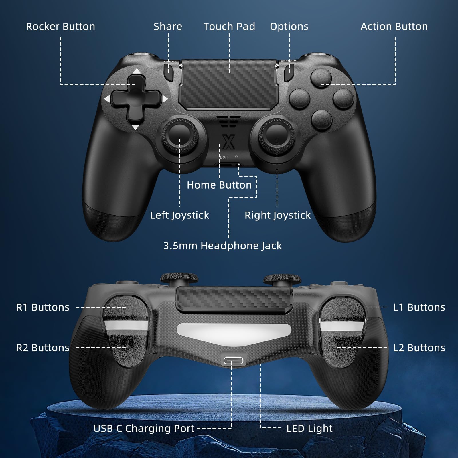Glitfix Wireless Controller for PS-4, Upgraded Controller Wireless for PS-4/Slim/PC, Bluetooth Gamepad Joystick with Dual Vibration/Touch Panel/ 3.5mm Audio Jack/Six-Axis/Ergonomic(Black) — view 7