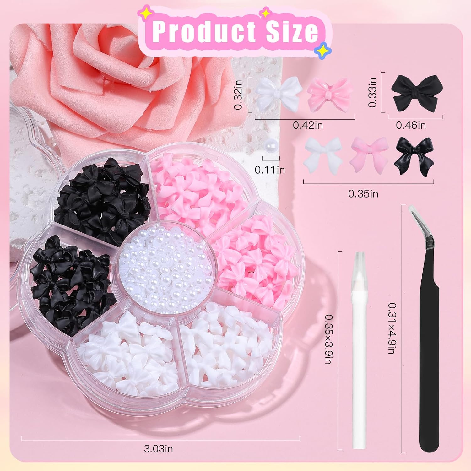 Charms Kit for Nails, 400Pcs Bow and Flatback Pearls Set, 3D Acrylic Rhinestones for Nails Art Design, Pink Black White Bowknot Gems for DIY Crafts, Manicure Decoration Supplies