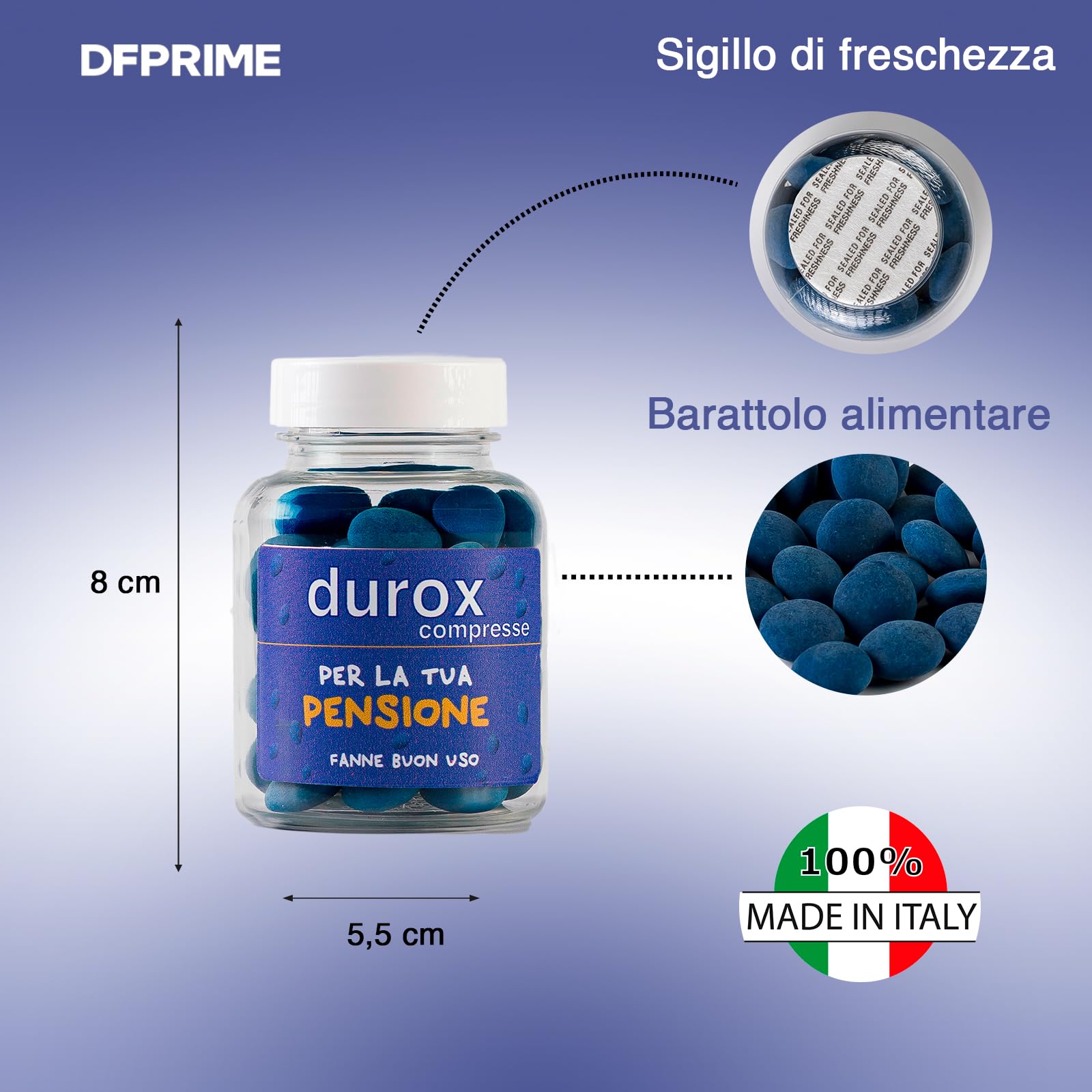 DUROX PENSIONE Compresse Blu – Scherzo Wiagras per Pensione Uomo – Idea Regalo Divertente per Neo Pensionati – Confetti al Cioccolato – Gadget Ironico – PER LA TUA PENSIONE – Fanne Buon Uso
