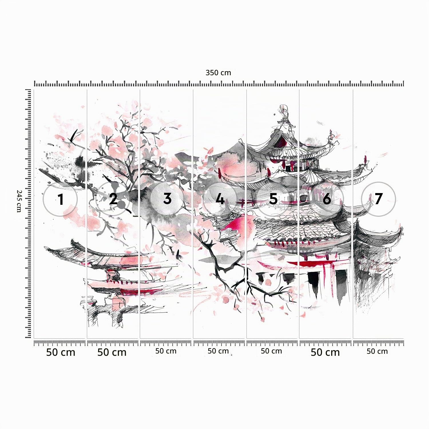 Feeby Photo Murale Intisse Japon Aquarelle 350x245 cm rose Déco Murale Tableaux Muraux À La Maison Chambre à Coucher, Salon, Chambre D'amis Pagode Fleur De Cerisier