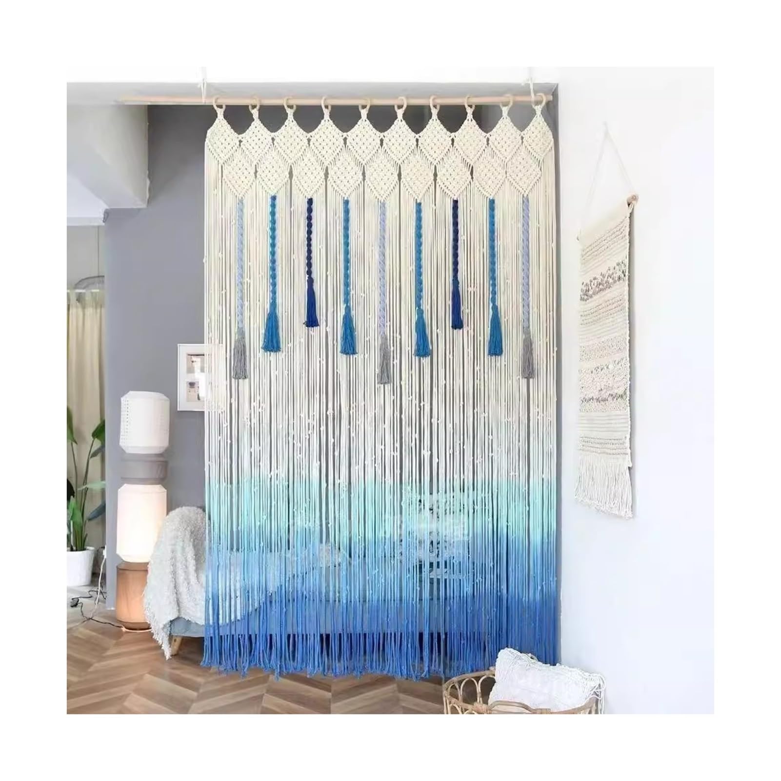 Rideaux en macramé Rideaux en Macramé Bleu pour Fenêtres, Tenture Murale en Macramé Long en Coton, Rideau À Cordes pour La Décoration Murale(39.4x70.9in)