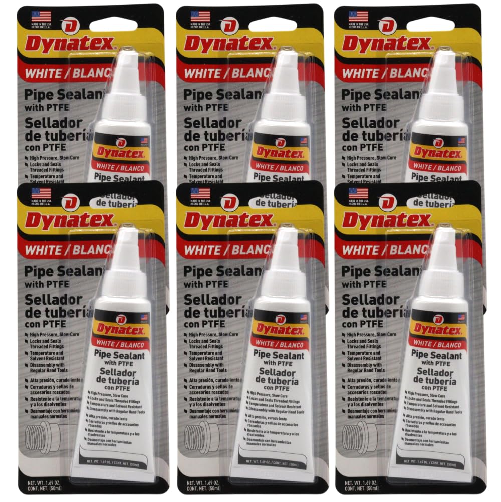 Dynatex Pipe Sealant w/PTFE 1.69 oz Bottle - Anaerobic, Disassembly with Hand Tools, Aluminum Steel Brass, Temperature & Solvent Resistant (6-Pack)