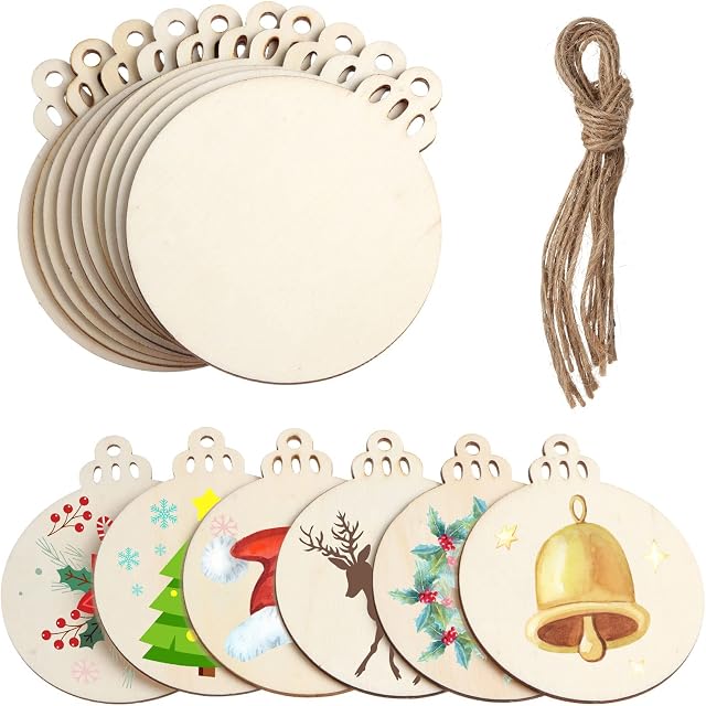 Lifreer 30PCS Natural Wood Slices Wooden Round Baubles Blank Hanging Wood Christmas Tree Hanging Ornaments for DIY Crafts Christmas Tree Decorations