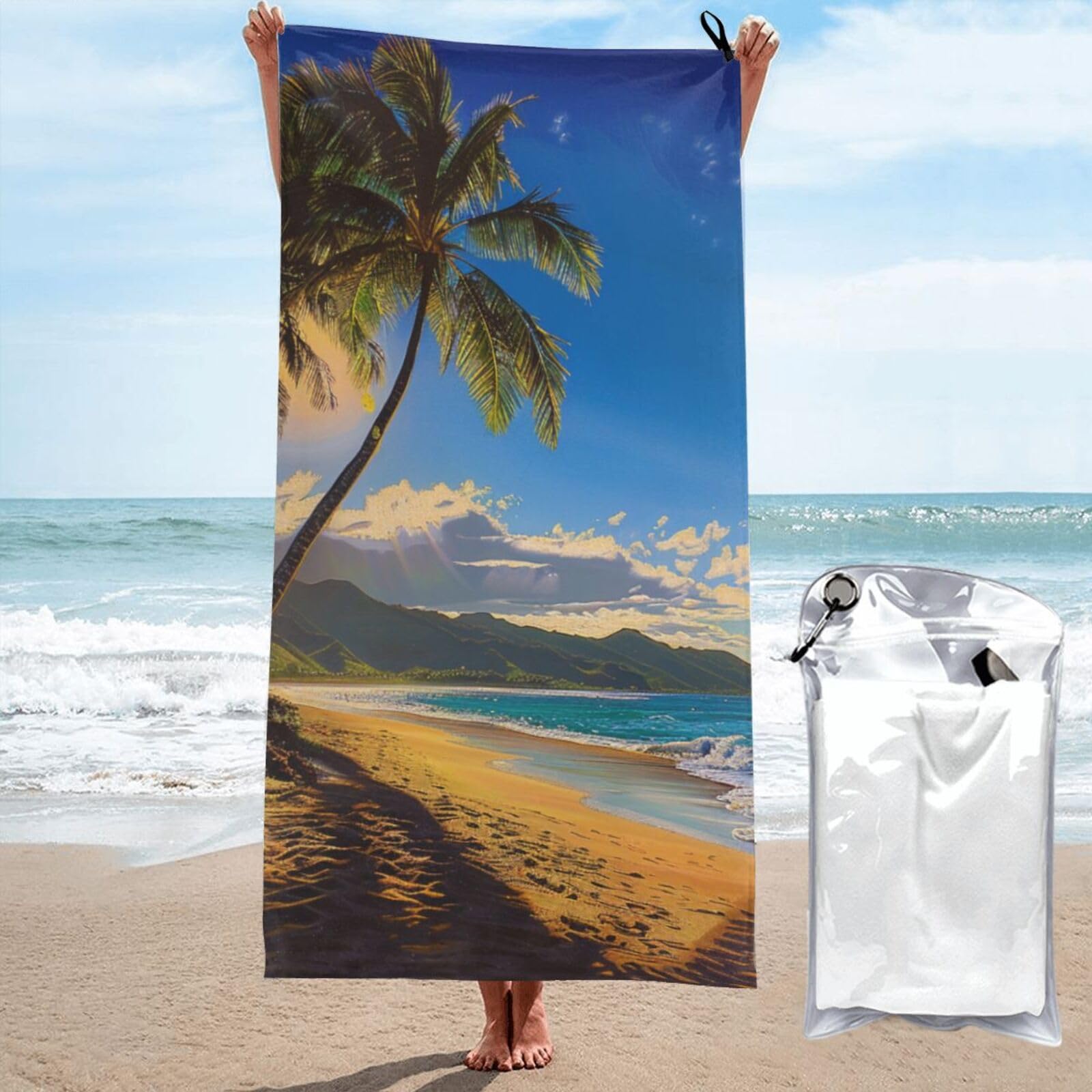 kkvhhyuo Microfiber Beach Towel, hawaii beach Printed Lightweight Quick Dry Travel Bath Sheet with Compact Carry Bag for Swimming Yoga Camping Gym,31.5"x63"