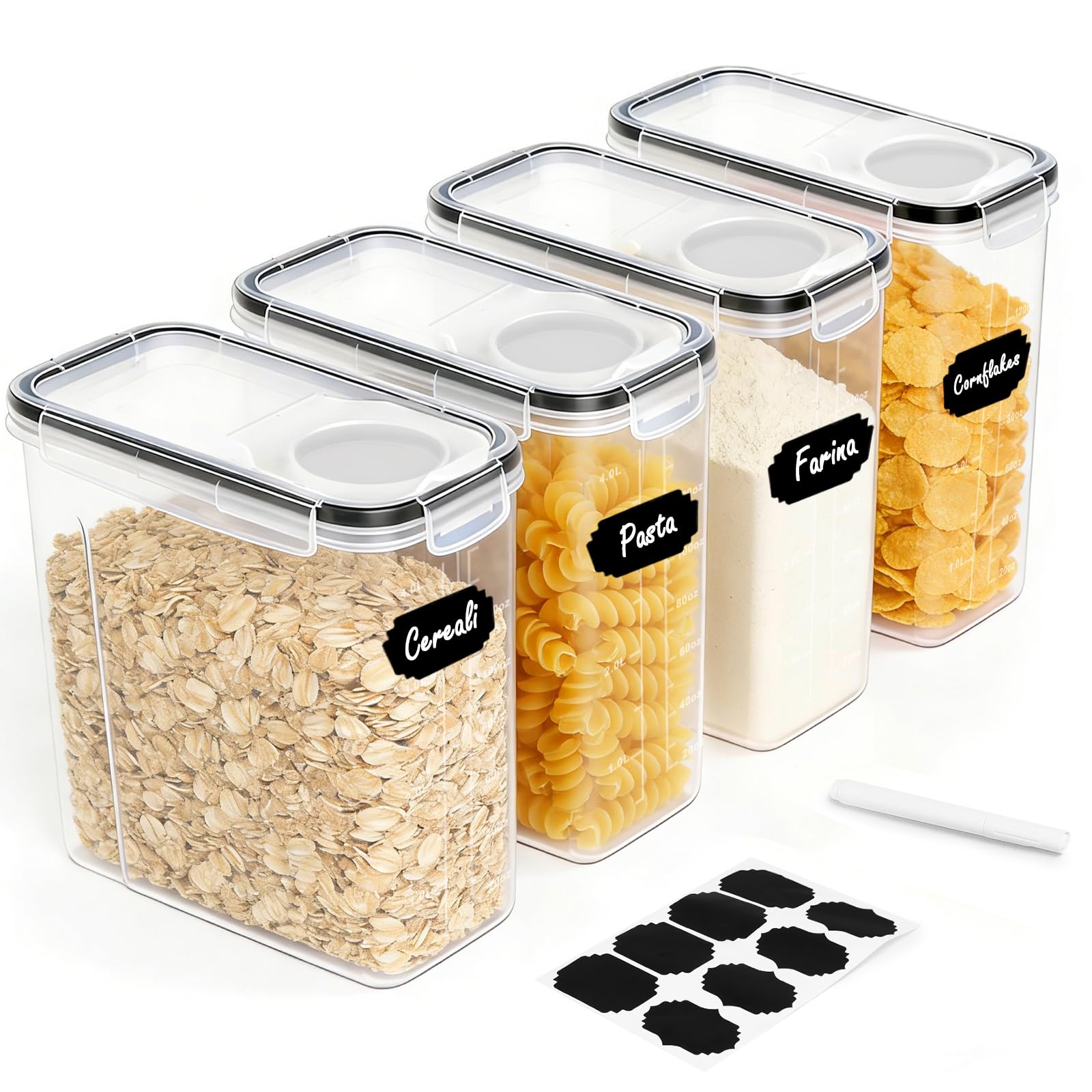 Contenitori Ermetici Alimentari con Coperchio 4L – Set da 4 Scatole di Conservazione per Cucina in Plastica, Ideale per Farina, Muesli, Cornflakes e Cereali, Include 8 Etichette e 1 Pennarello