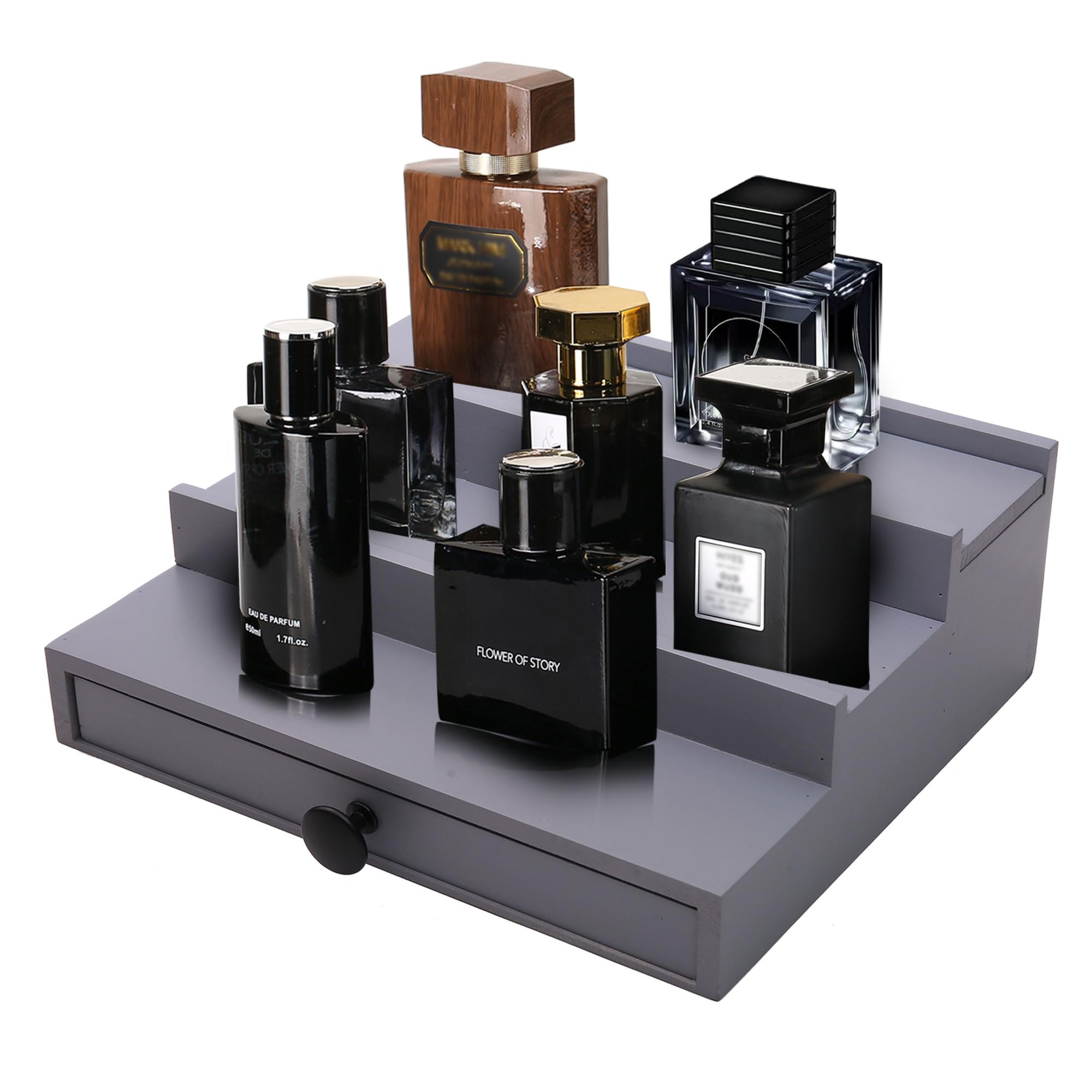 Fengligoo Men's Grey-3 Tier 3 Tier Cologne Organizer For - Wooden Cologne Perfume Display Stand With Drawer And Hidden Compartt, Cologne Rack Holder Shelf For Organizing And Storing