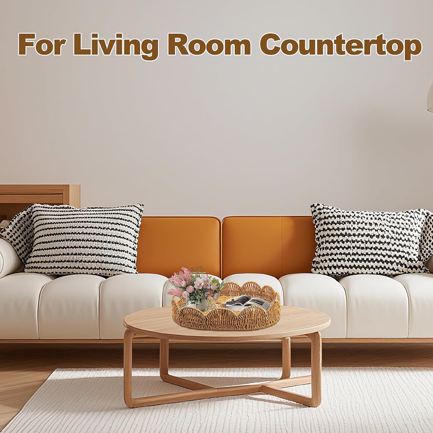 Elliptical Rattan Scalloped Tray, Woven Basket Tray with Bulit-in Handles Scalloped Edges Serving Tray for Coffee Table Living Room Home Decor 14.2" L x 10.9" W x 3.4" H - Image 7