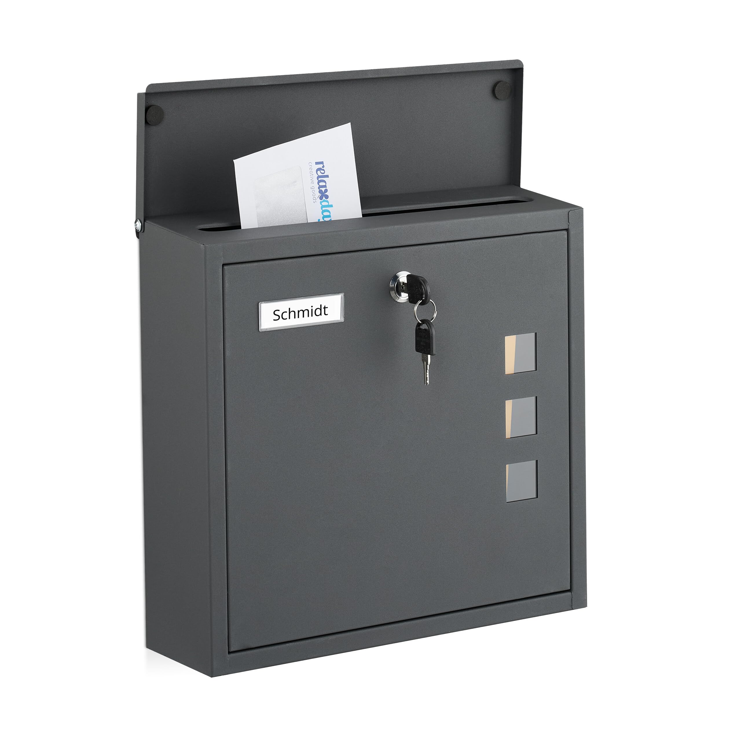 Relaxdays letterbox with viewing windows, HxWxD: 33 x 35 x 12 cm, iron, 4 keys, wall-mounted letterbox, anthracite