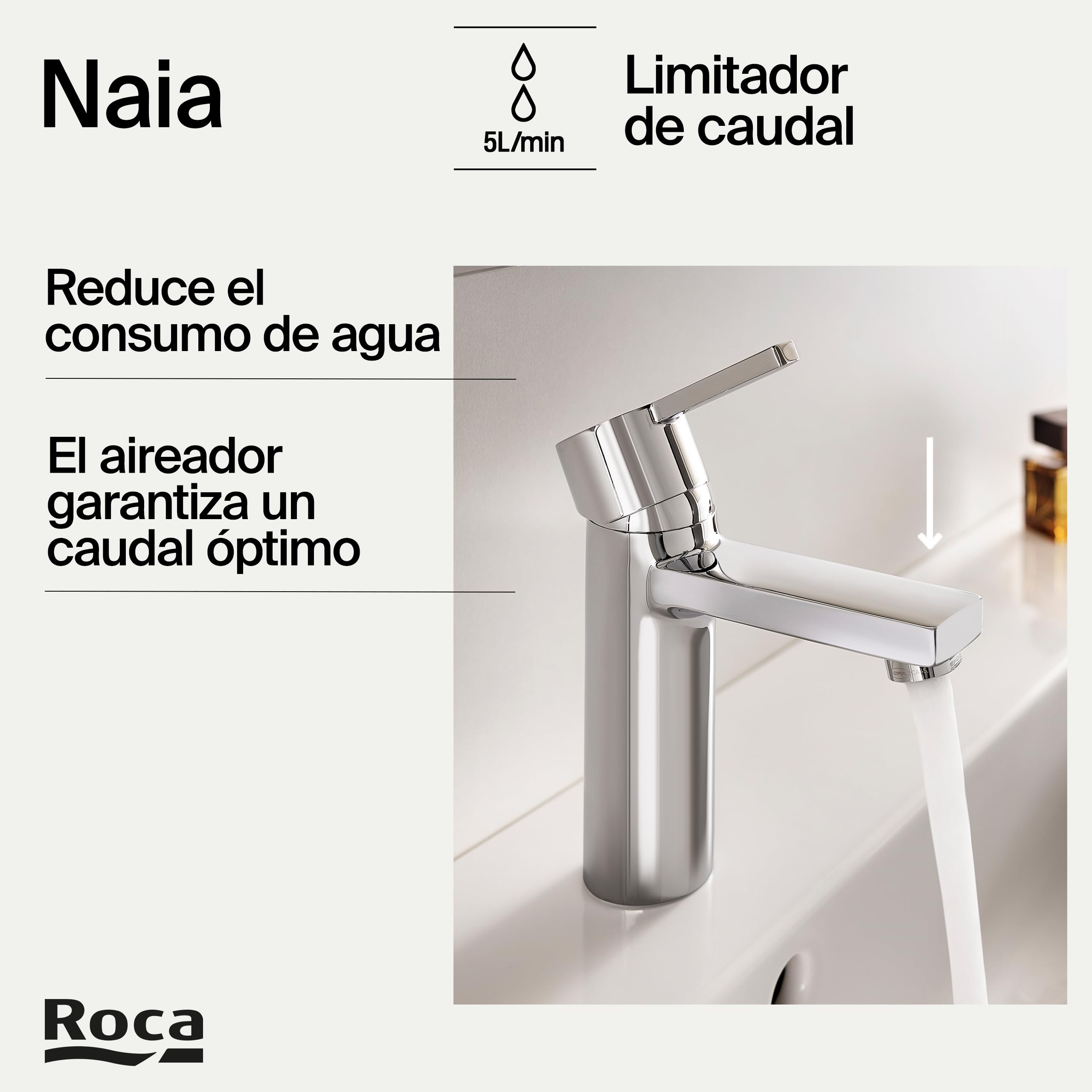 Roca Naia Grifería de lavabo con tecnología ColdStart, grifo monomando con enlaces de alimentación flexibles, mezclador de cuarto de baño con desagüe click-clack, fácil instalación, cromado A5A3296C00