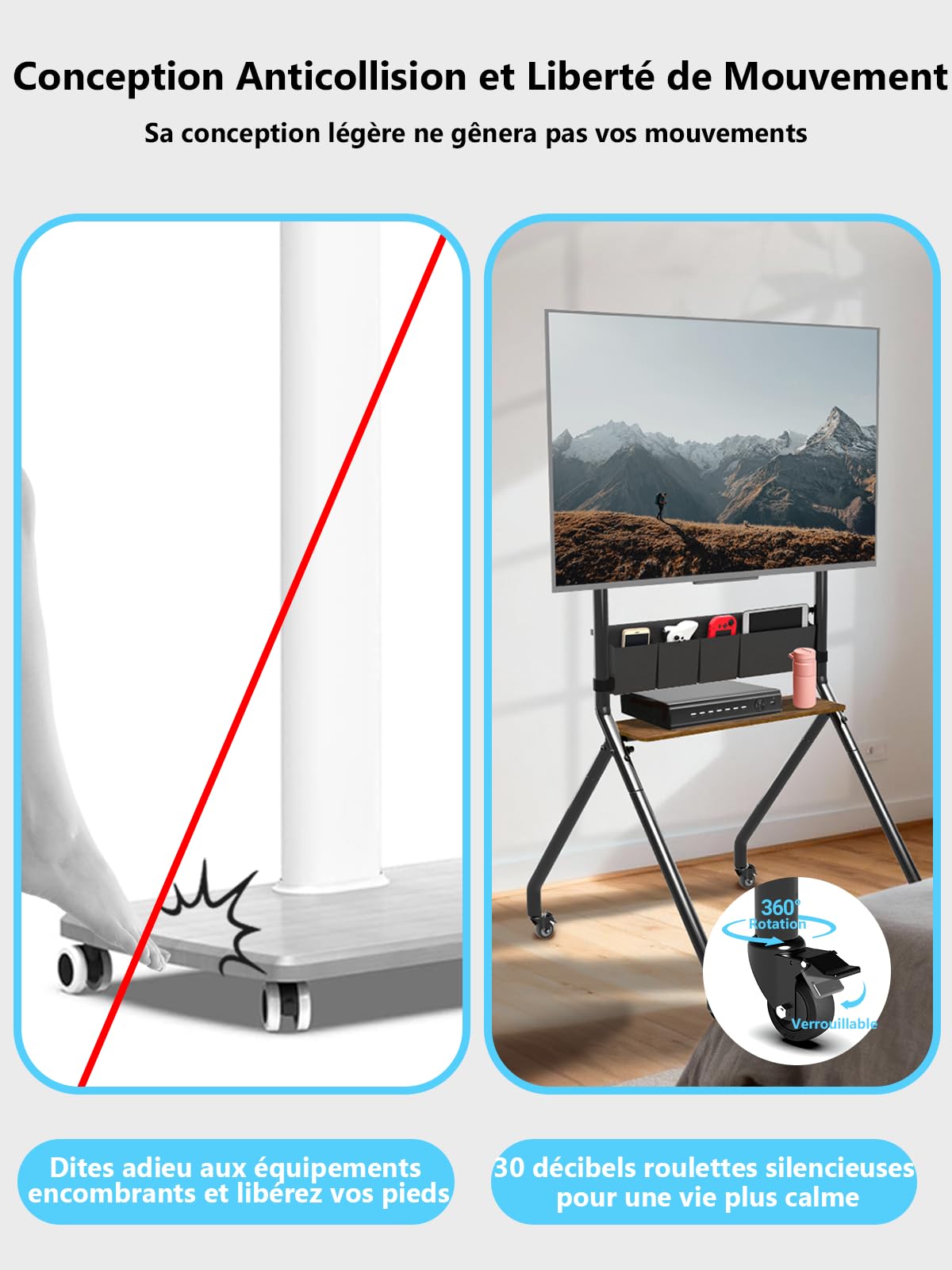 Support mural roulant pour TV avec sacs de rangement, design anti-collision esthétique, chariot TV mobile pour écrans LCD/LED/OLED plats/courbés de 32 à 75 pouces, supporte jusqu'à 45 kg, hauteur