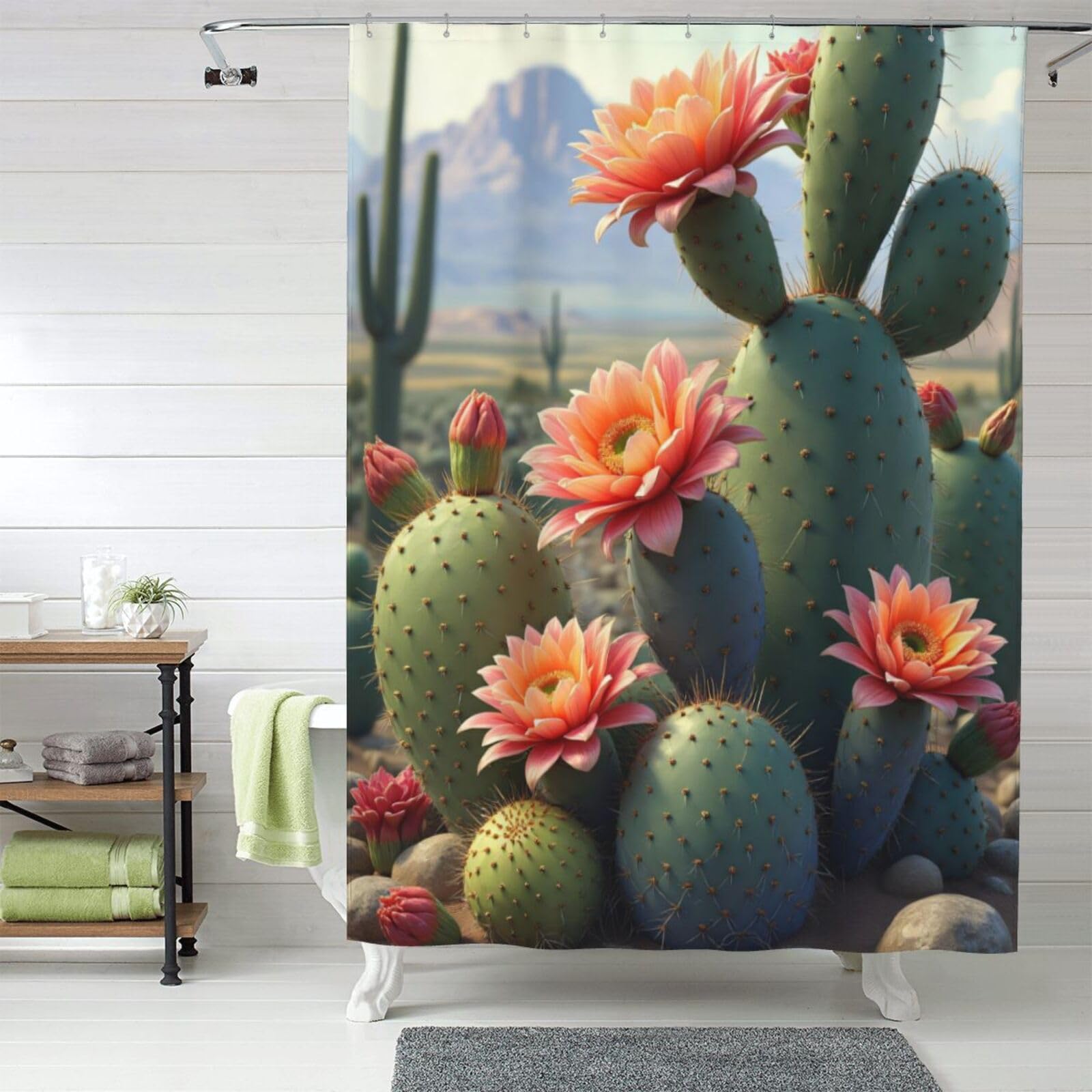 Rideau de douche en tissu 152x183 cm opaque cactus désert avec crochets pour salle de bain